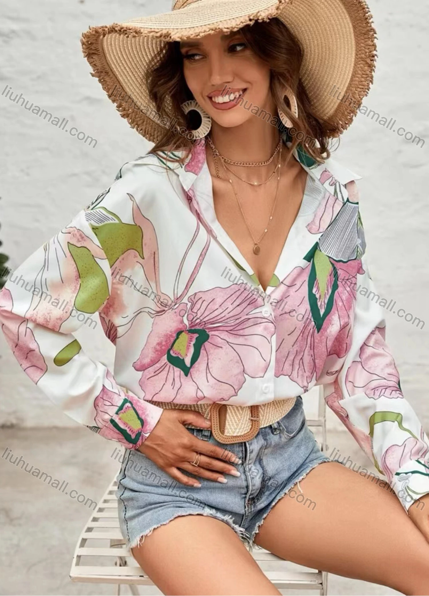 Wholesale Women's Turn-down Collar Long Sleeve Floral Buttons Blouse - Liuhuamall