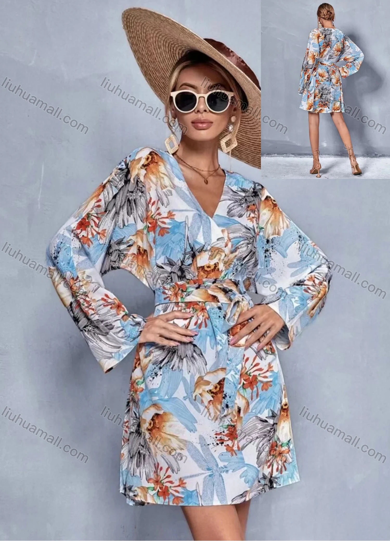 Wholesale Women's Wrap V Neck Wrap Long Sleeve Plant Print Lace Up Short Dress With Belt A1309-4418# - Liuhuamall