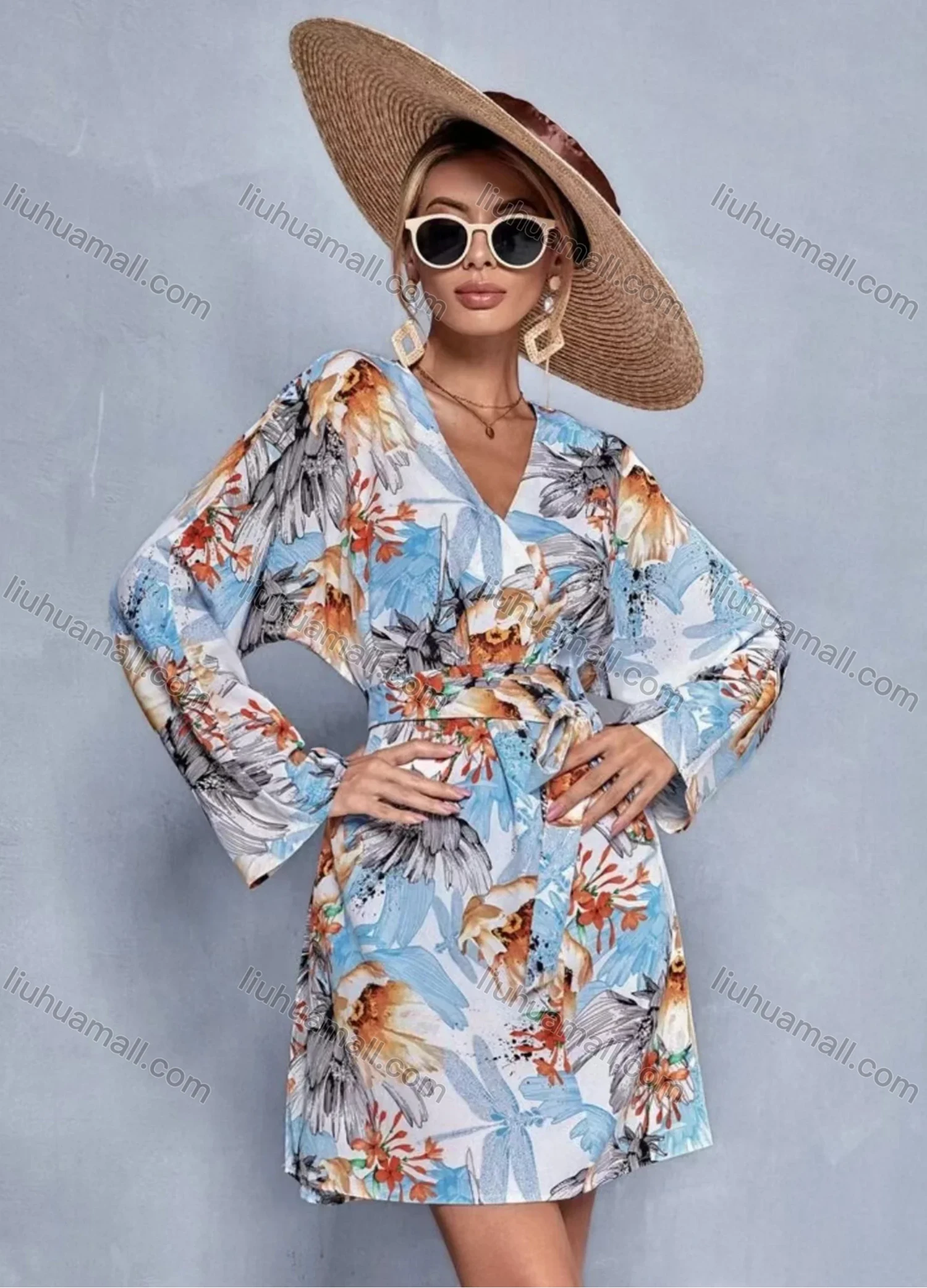 Wholesale Women's Wrap V Neck Wrap Long Sleeve Plant Print Lace Up Short Dress With Belt A1309-4418# - Liuhuamall