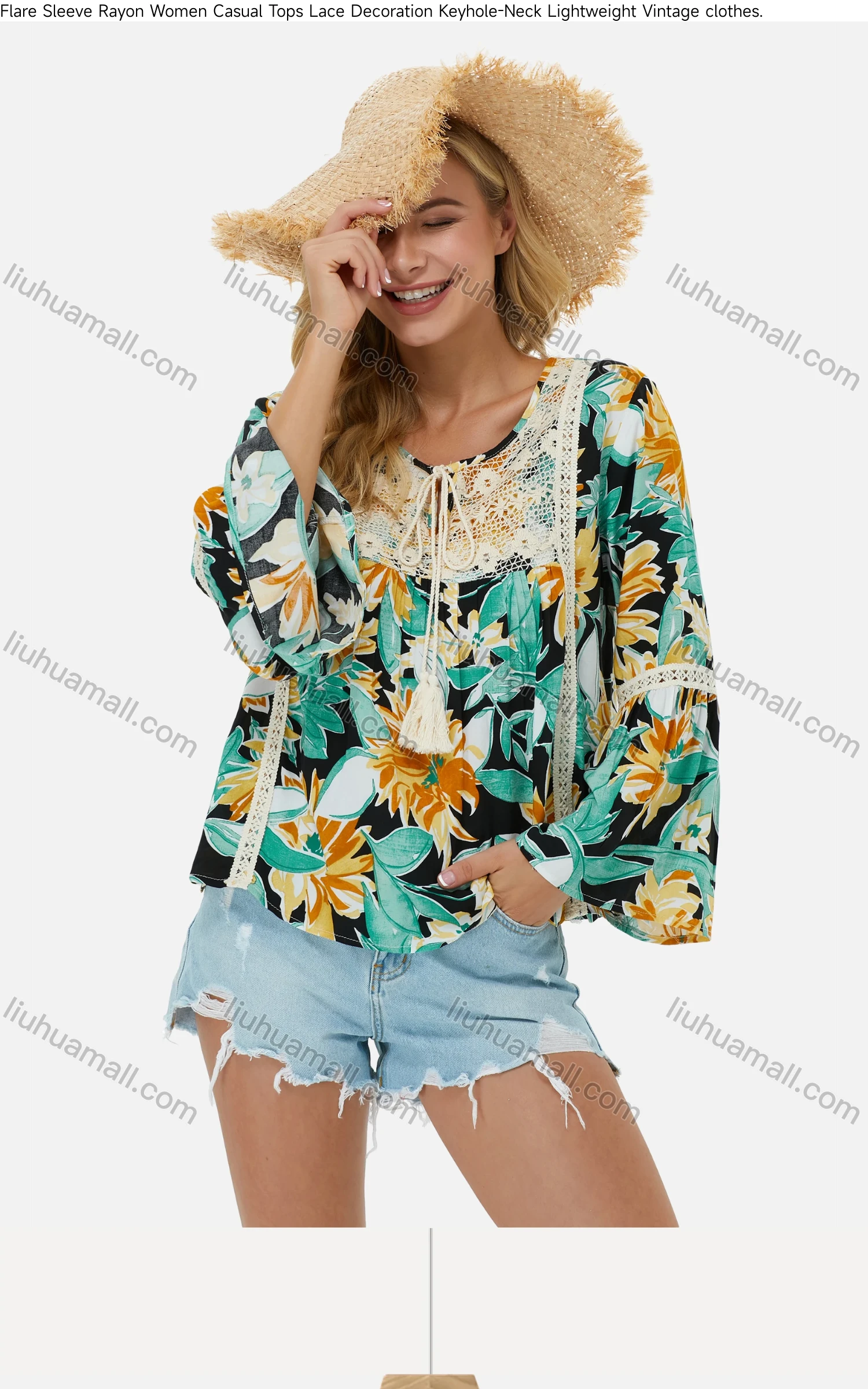 Wholesale Women's Keyhole-Neck Bell Sleeve Lace Tassel Bow Floral Boho Blouse E-126B# - Liuhuamall