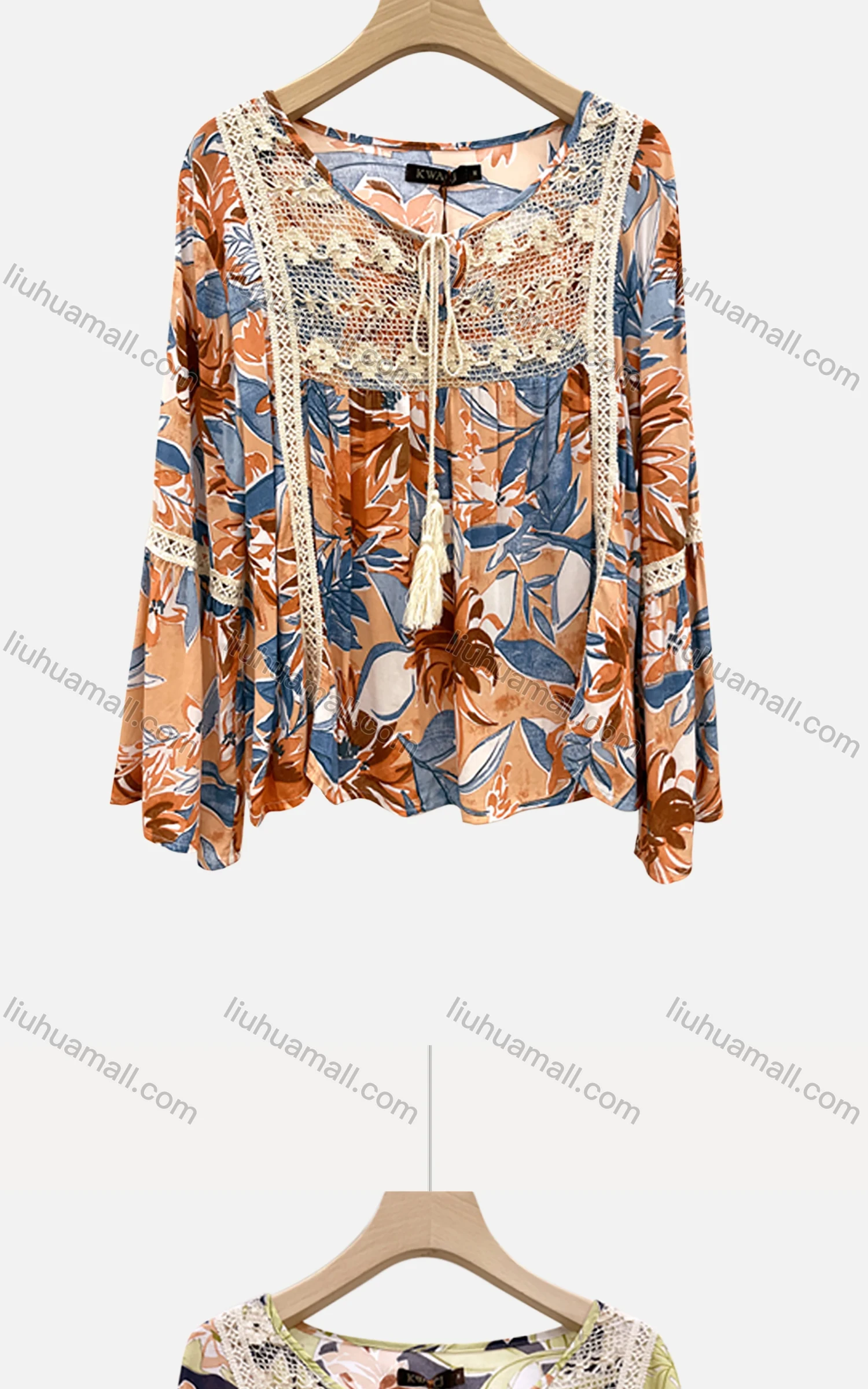 Wholesale Women's Keyhole-Neck Bell Sleeve Lace Tassel Bow Floral Boho Blouse E-126B# - Liuhuamall