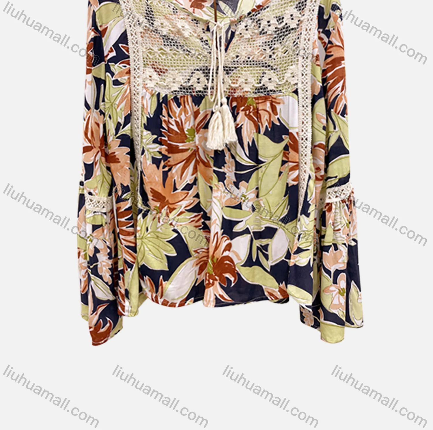 Wholesale Women's Keyhole-Neck Bell Sleeve Lace Tassel Bow Floral Boho Blouse E-126B# - Liuhuamall