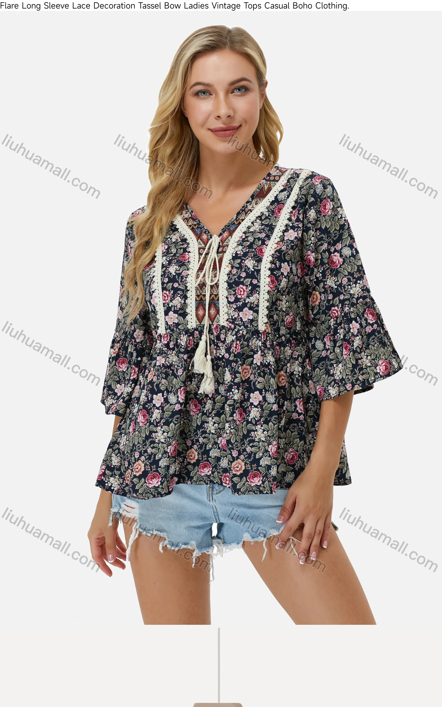 Wholesale Women's V Neck Flare Sleeve Lace Tassel Bow Floral Boho Blouse F2214D# - Liuhuamall