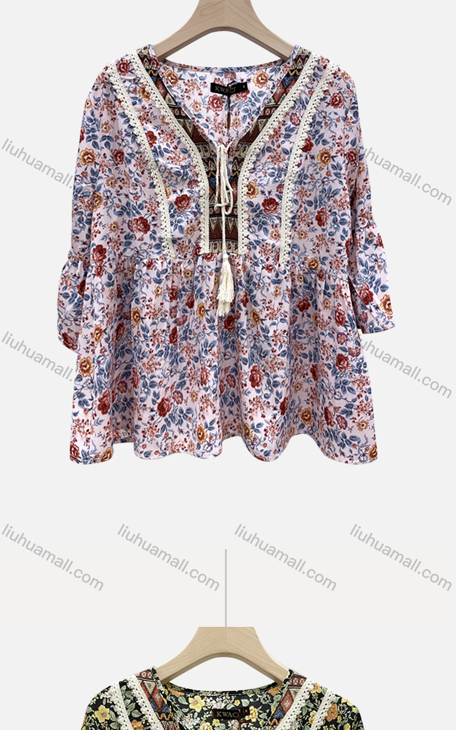 Wholesale Women's V Neck Flare Sleeve Lace Tassel Bow Floral Boho Blouse F2214D# - Liuhuamall