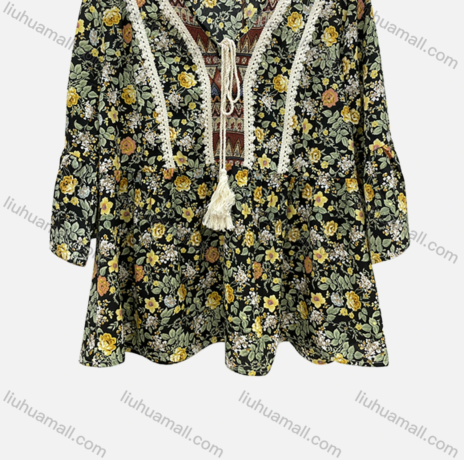 Wholesale Women's V Neck Flare Sleeve Lace Tassel Bow Floral Boho Blouse F2214D# - Liuhuamall