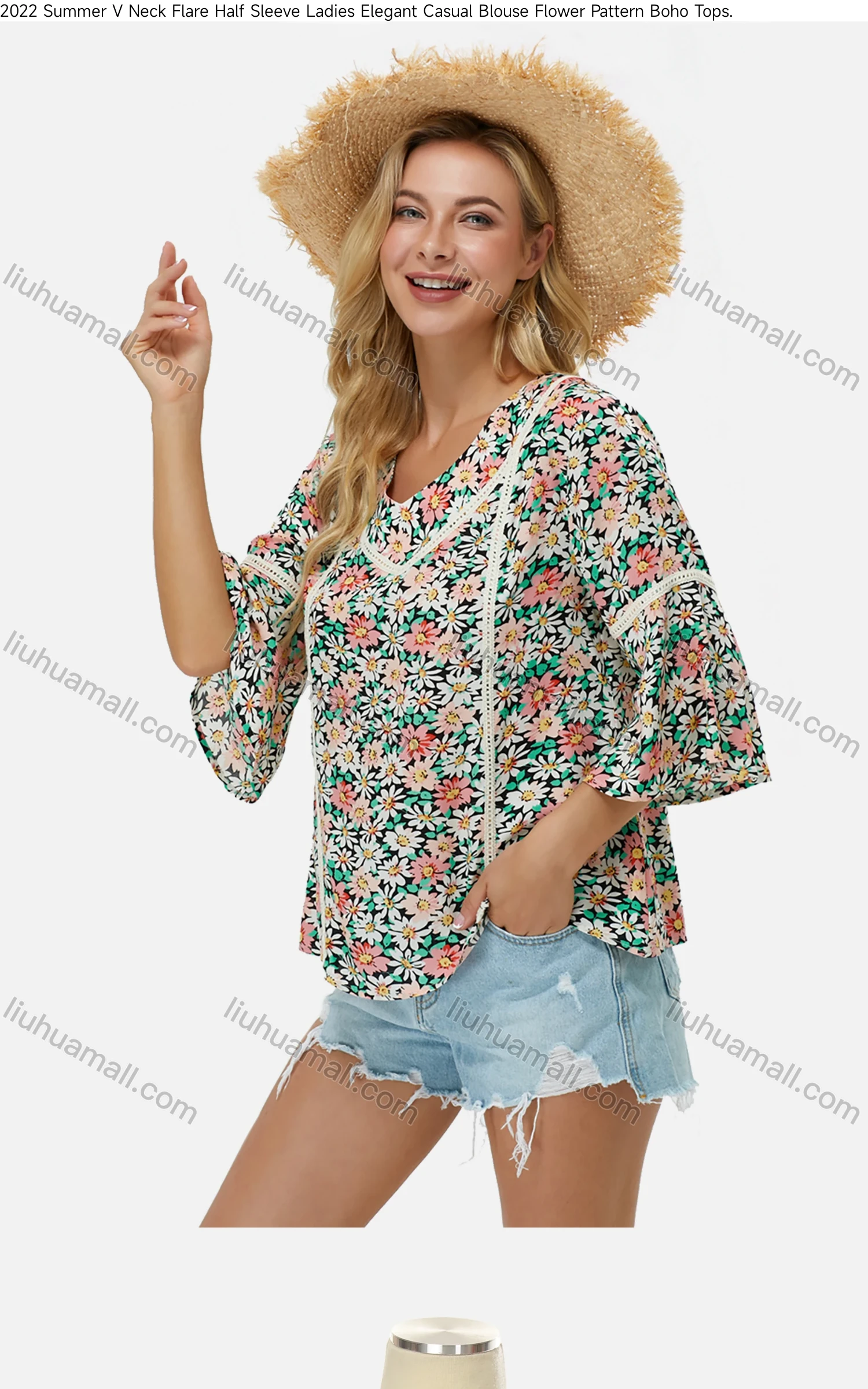 Wholesale Women's V Neck Flare Sleeve Crochet Floral Elegant Boho Blouse - Liuhuamall