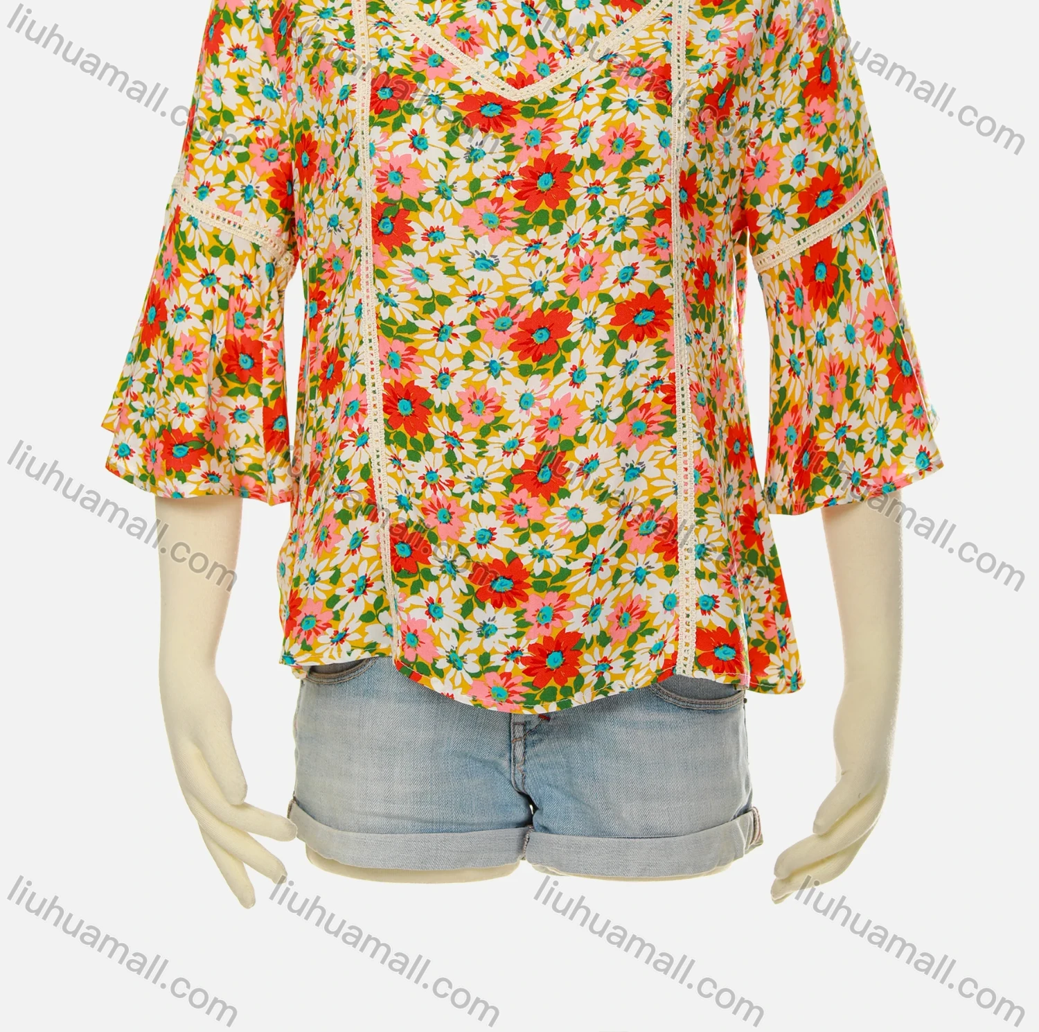 Wholesale Women's V Neck Flare Sleeve Crochet Floral Elegant Boho Blouse - Liuhuamall
