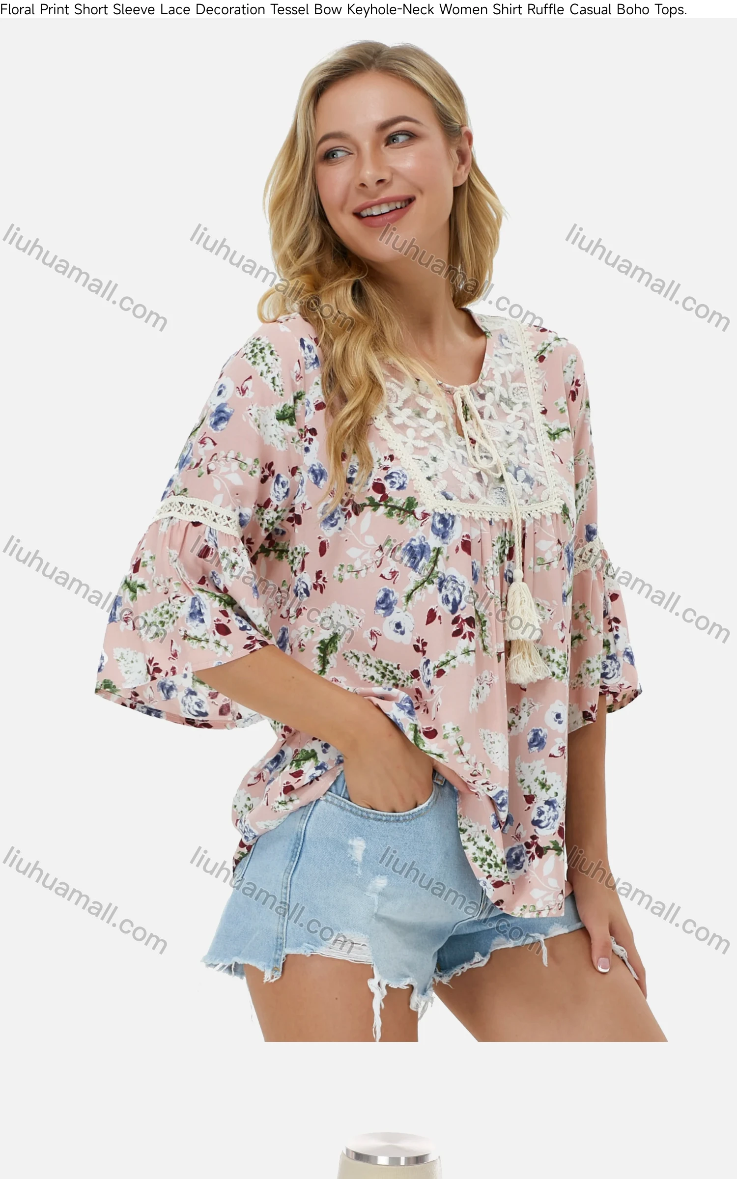 Wholesale Women's Keyhole-Neck Lace Tassel Bow Crochet Floral Ruffle Boho Blouse J310# - Liuhuamall