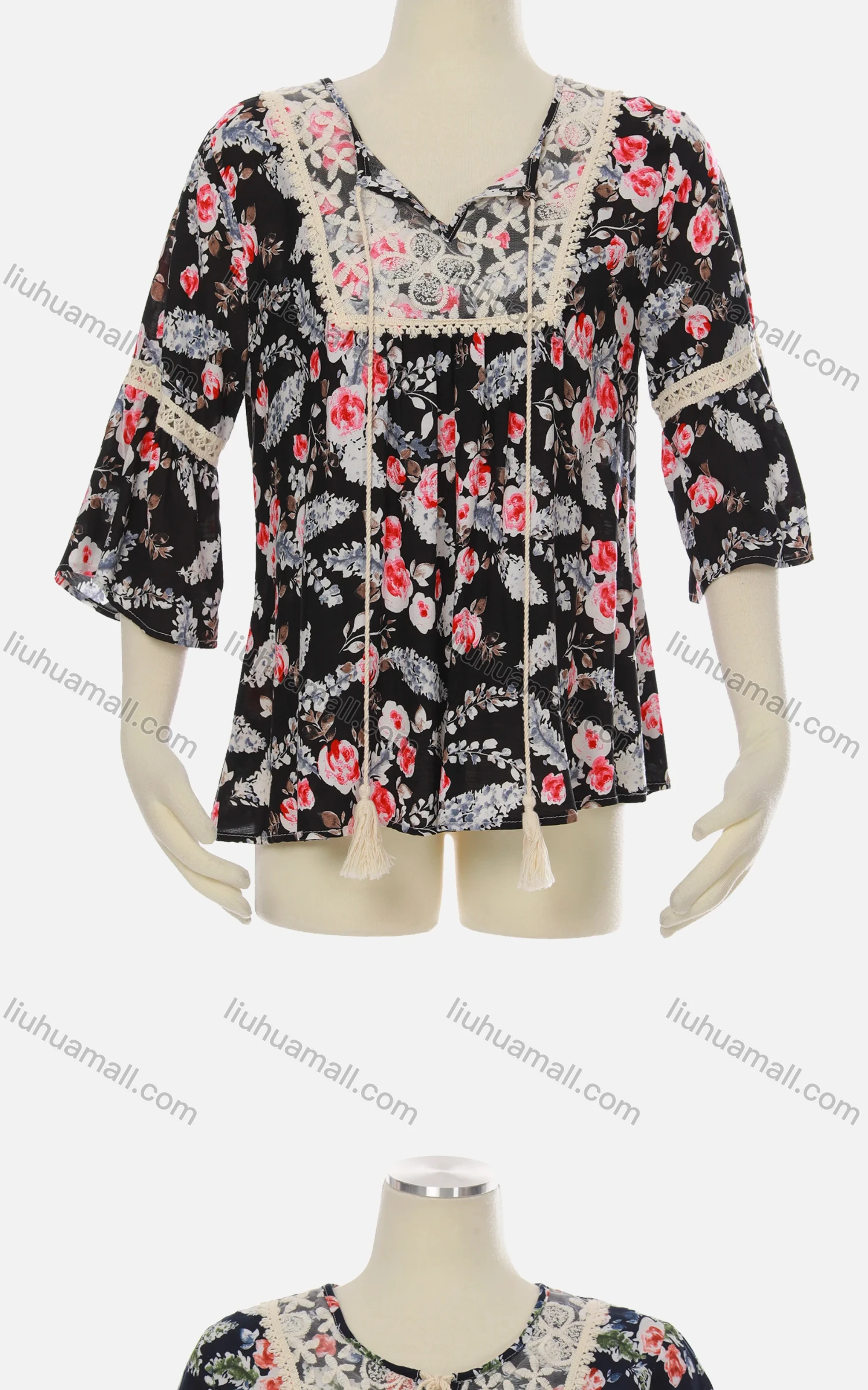 Wholesale Women's Keyhole-Neck Lace Tassel Bow Crochet Floral Ruffle Boho Blouse J310# - Liuhuamall