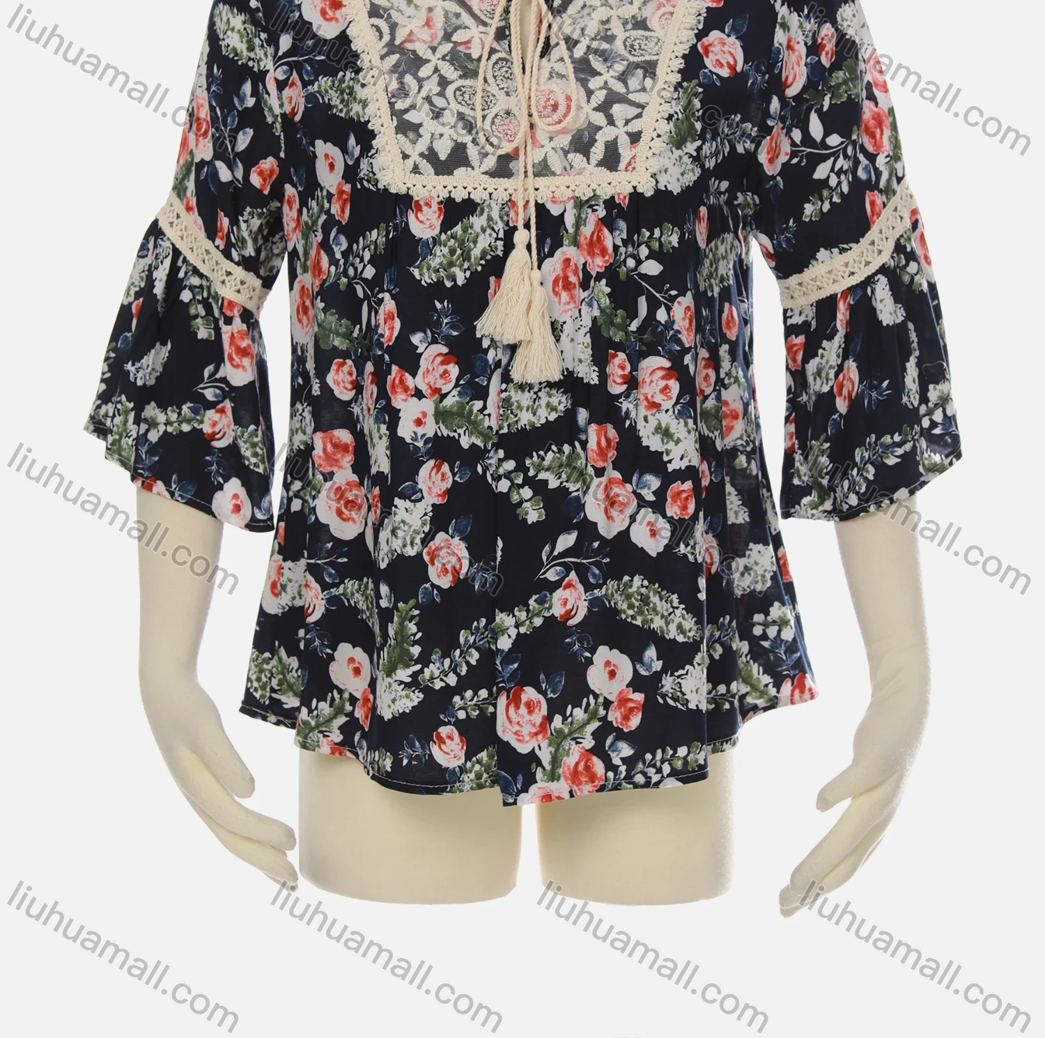 Wholesale Women's Keyhole-Neck Lace Tassel Bow Crochet Floral Ruffle Boho Blouse J310# - Liuhuamall