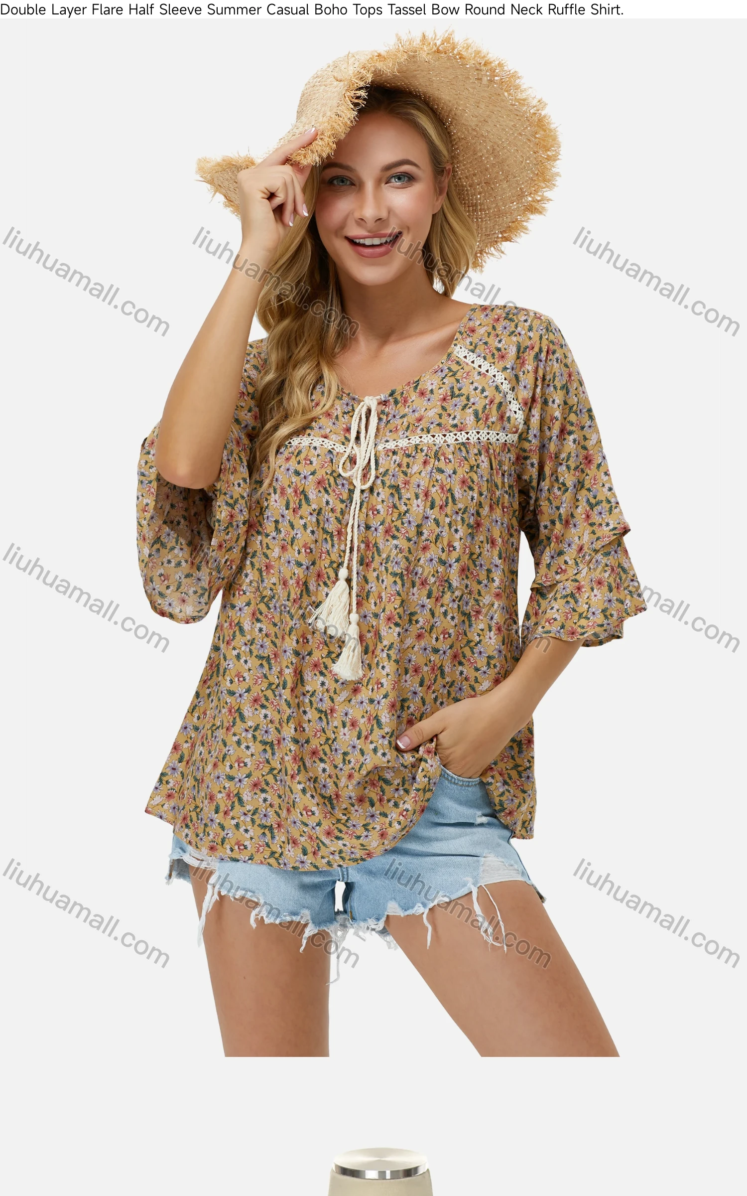 Wholesale Women's Keyhole-Neck Tassel Bow Layered Flare Sleeve Crochet Floral Ruffle Boho Blouse J350# - Liuhuamall