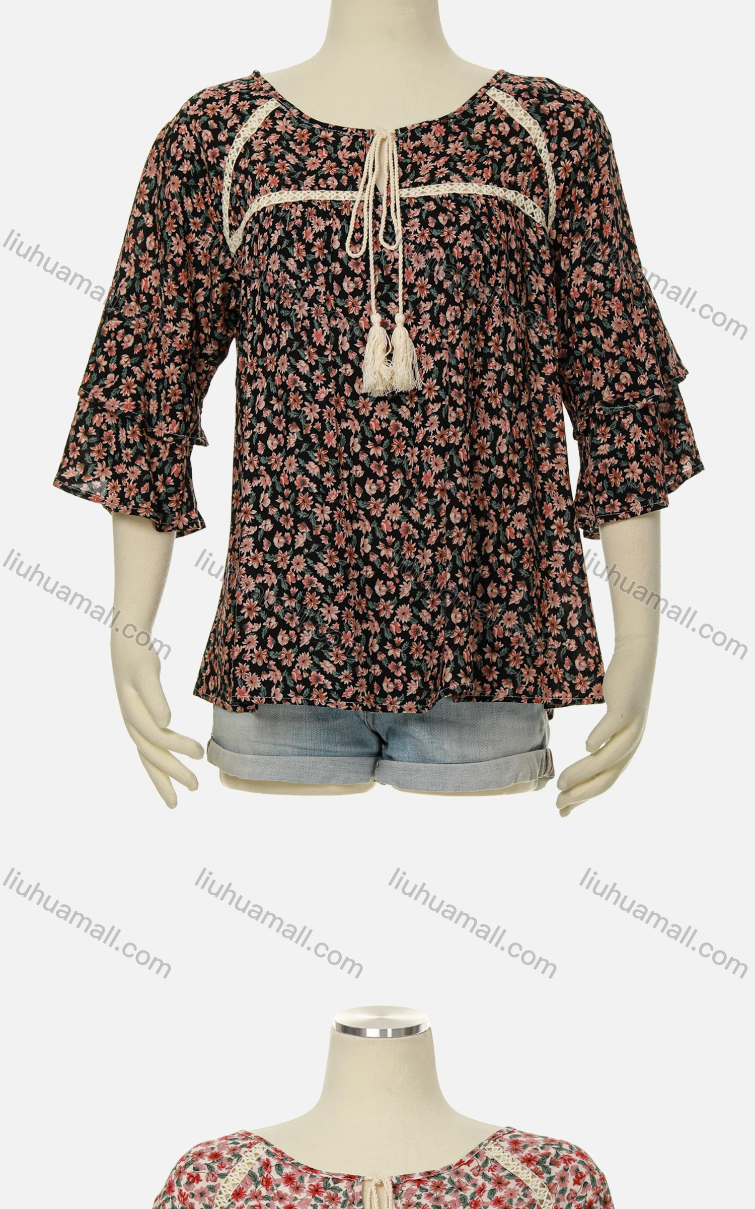 Wholesale Women's Keyhole-Neck Tassel Bow Layered Flare Sleeve Crochet Floral Ruffle Boho Blouse J350# - Liuhuamall