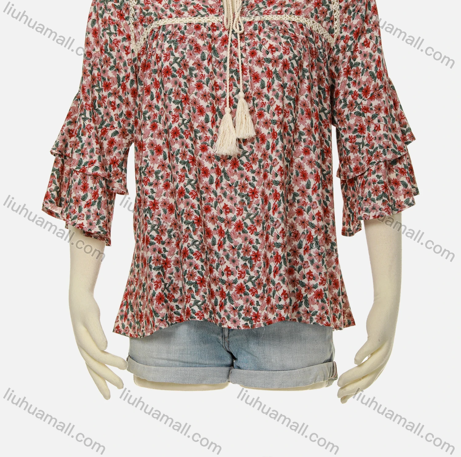 Wholesale Women's Keyhole-Neck Tassel Bow Layered Flare Sleeve Crochet Floral Ruffle Boho Blouse J350# - Liuhuamall