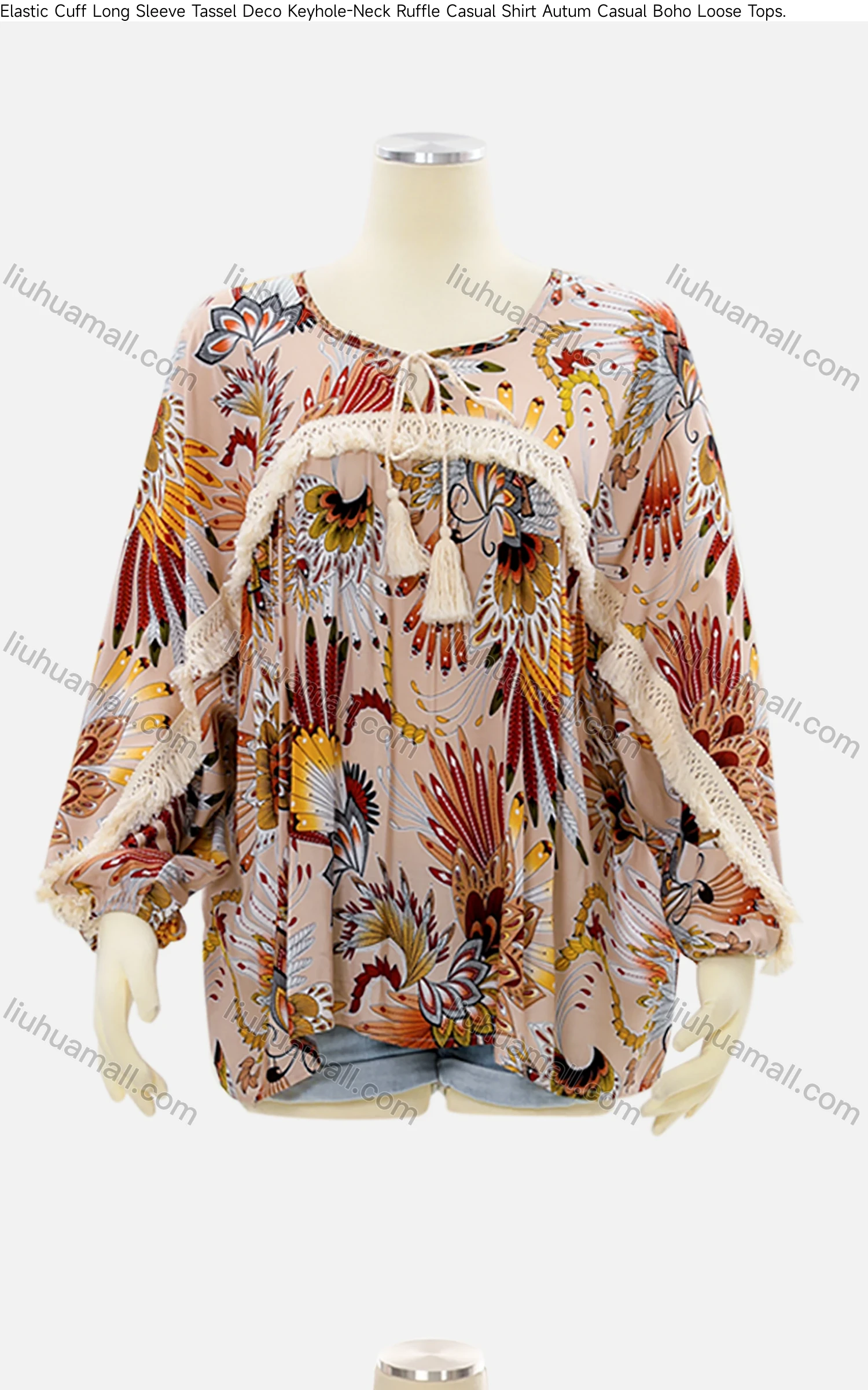 Wholesale Women's Keyhole-Neck Crochet Tassel Elastic Cuff Floral Ruffle Boho Blouse J120B# - Liuhuamall