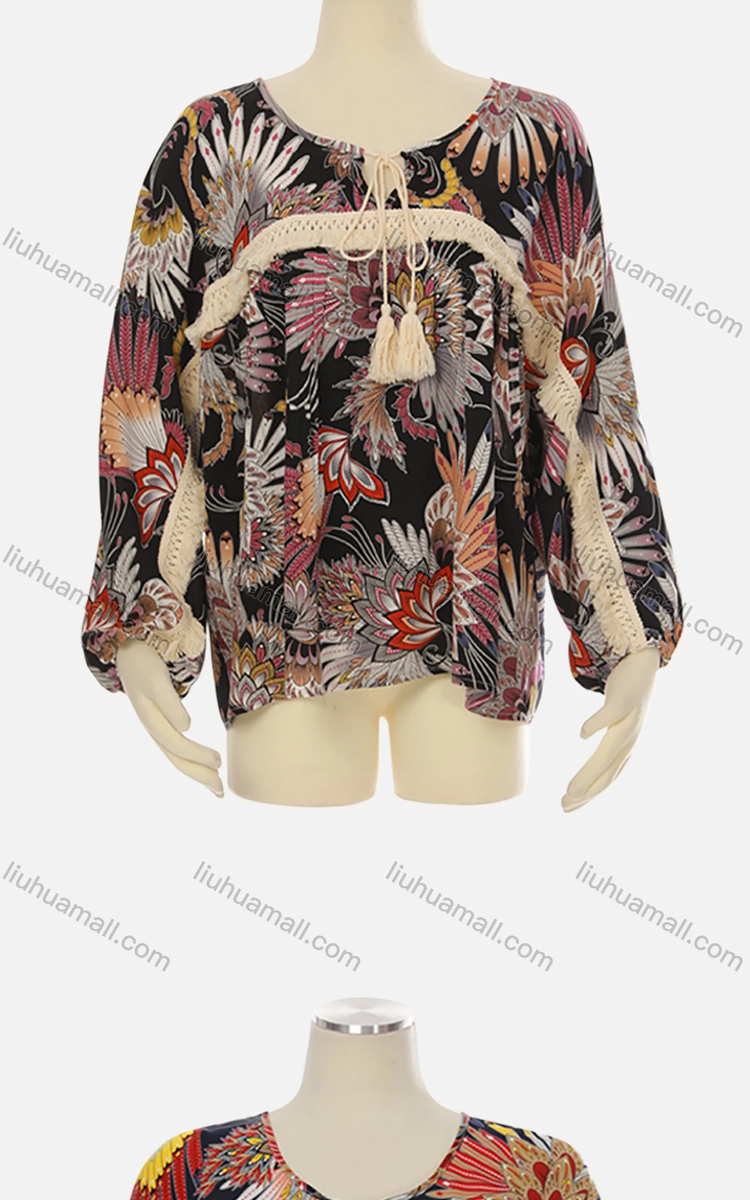 Wholesale Women's Keyhole-Neck Crochet Tassel Elastic Cuff Floral Ruffle Boho Blouse J120B# - Liuhuamall