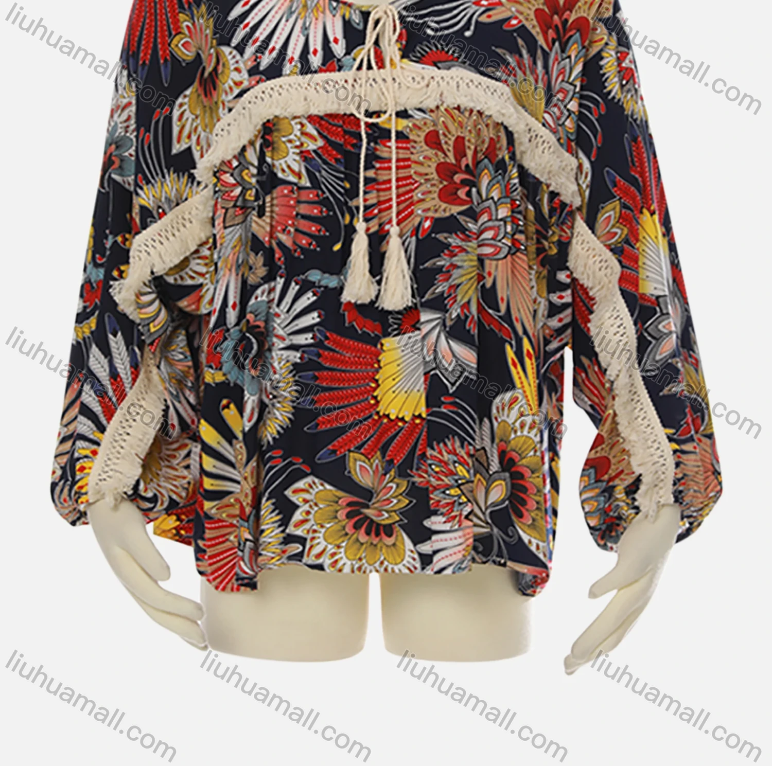 Wholesale Women's Keyhole-Neck Crochet Tassel Elastic Cuff Floral Ruffle Boho Blouse J120B# - Liuhuamall
