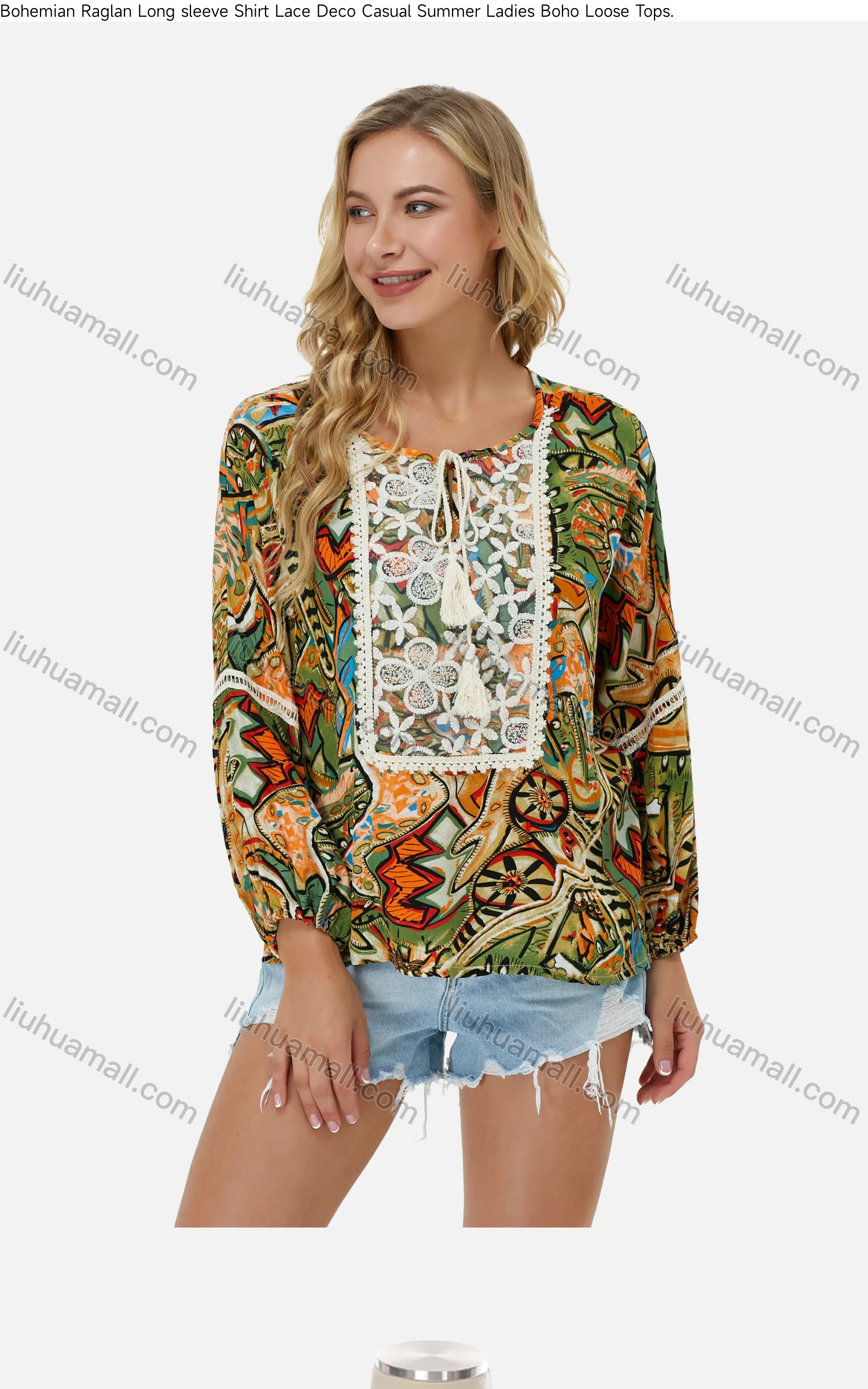 Wholesale Women's Keyhole-Neck Crochet Tassel Raglan Sleeve Geometric Boho Blouse J130# - Liuhuamall