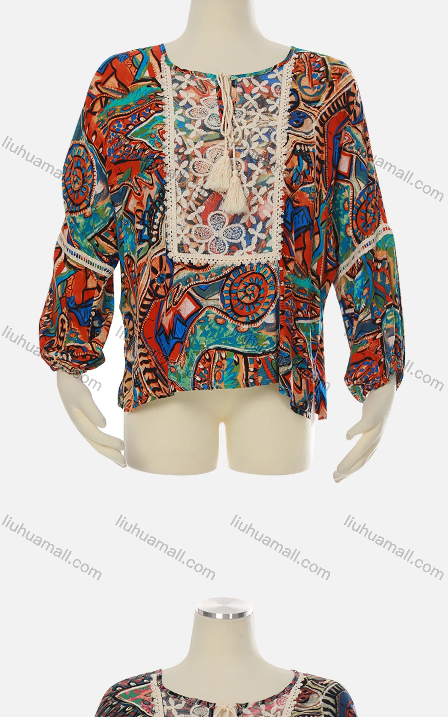 Wholesale Women's Keyhole-Neck Crochet Tassel Raglan Sleeve Geometric Boho Blouse J130# - Liuhuamall