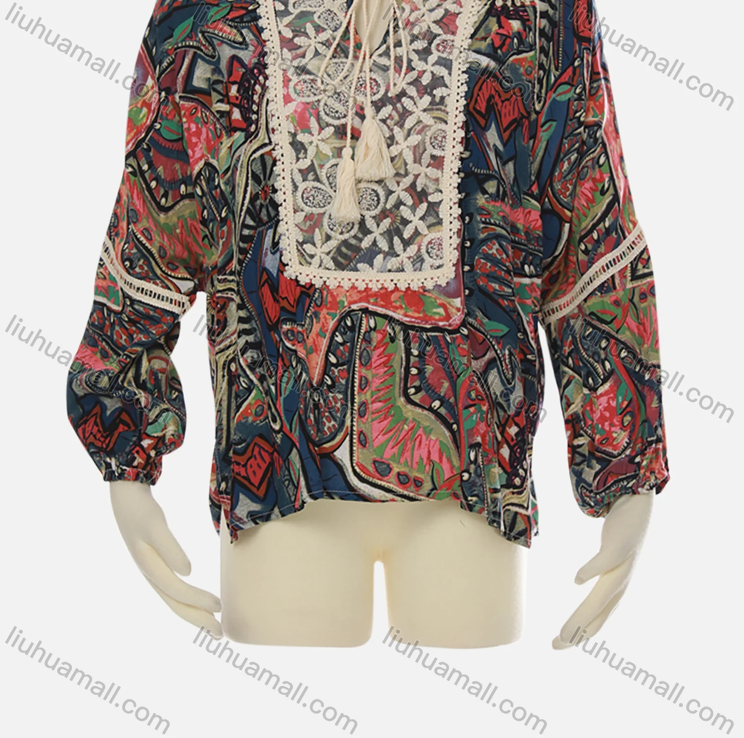 Wholesale Women's Keyhole-Neck Crochet Tassel Raglan Sleeve Geometric Boho Blouse J130# - Liuhuamall