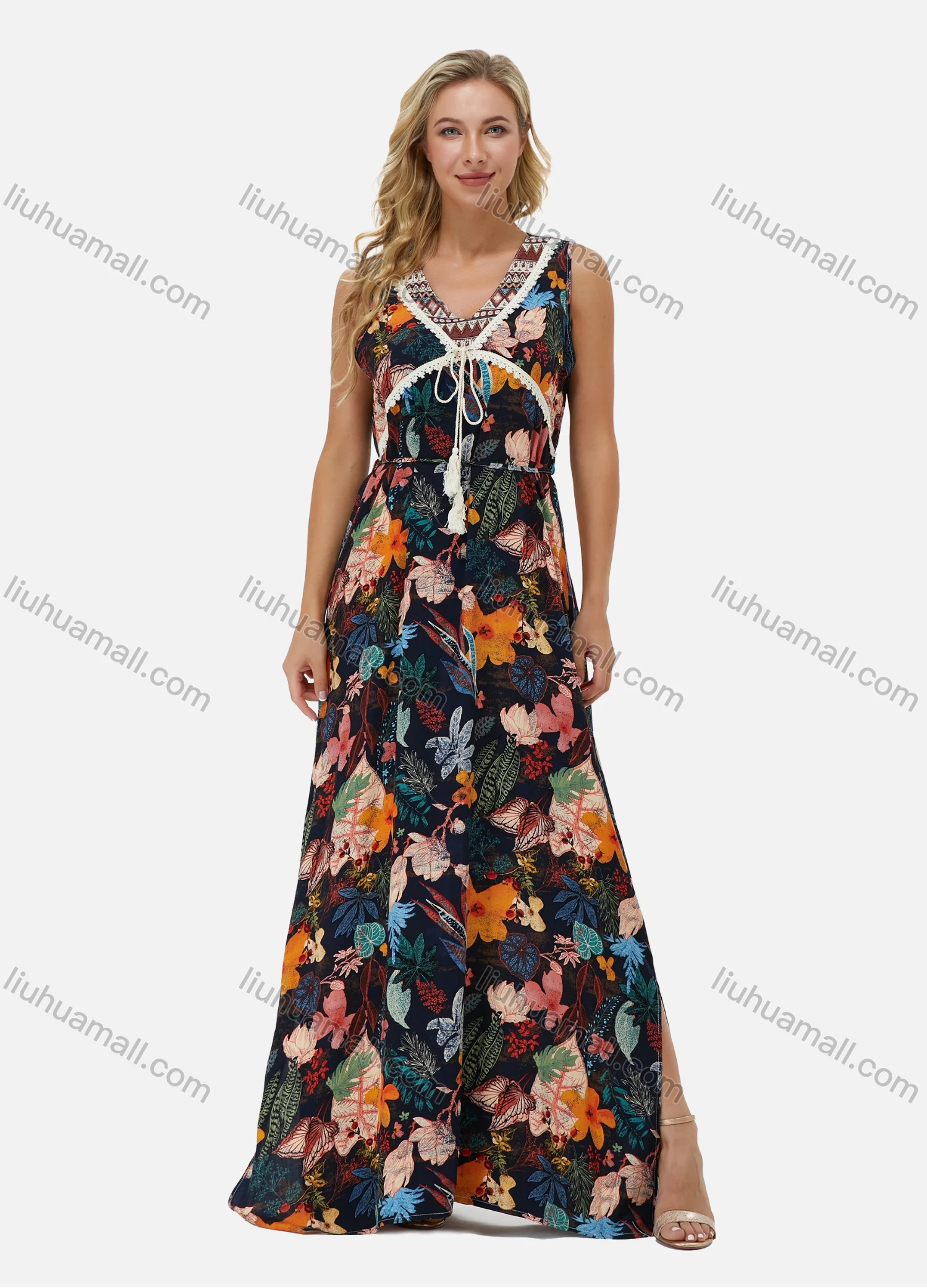 Wholesale Women's V Neck Sleeveless Multicolor Plant Print Side Slit Maxi Dress K374# - Liuhuamall