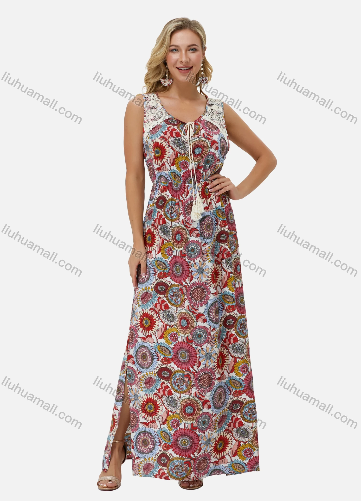 Wholesale Women's Keyhole-Neck Sleeveless Crochet Tassel Bow Floral Print Side Slit Boho Maxi Tank Dress J371# - Liuhuamall