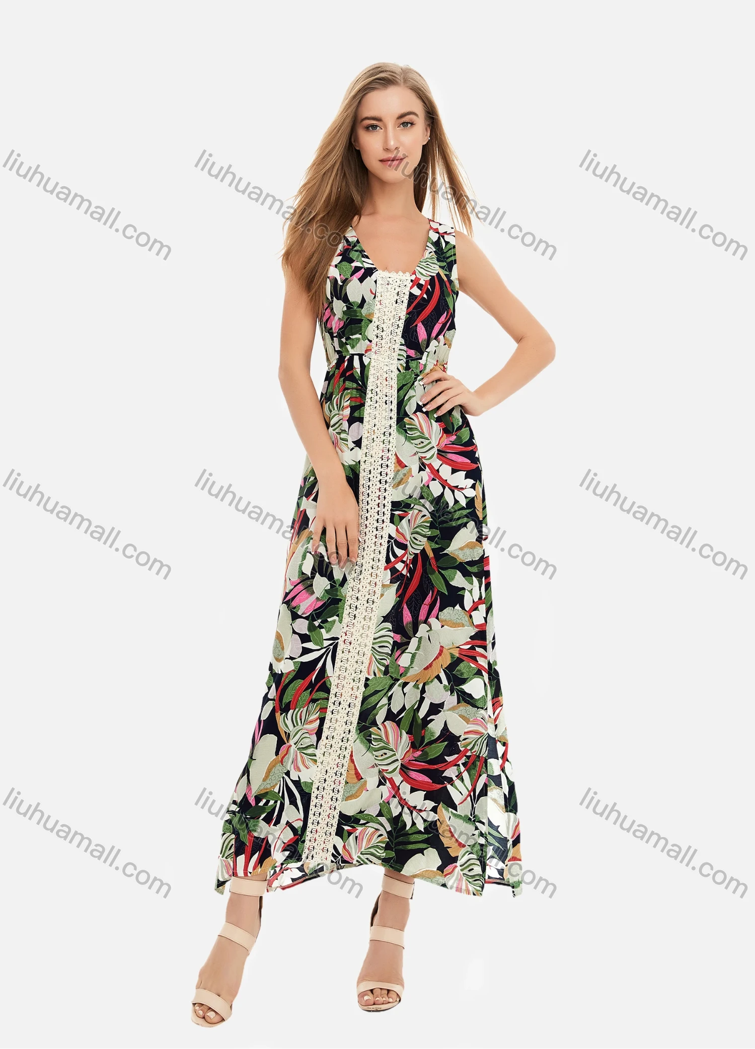 Wholesale Women's Casual Bateau Neck Sleeveless Guipure Lace Floral Print Boho Maxi Tank Dress 726# - Liuhuamall