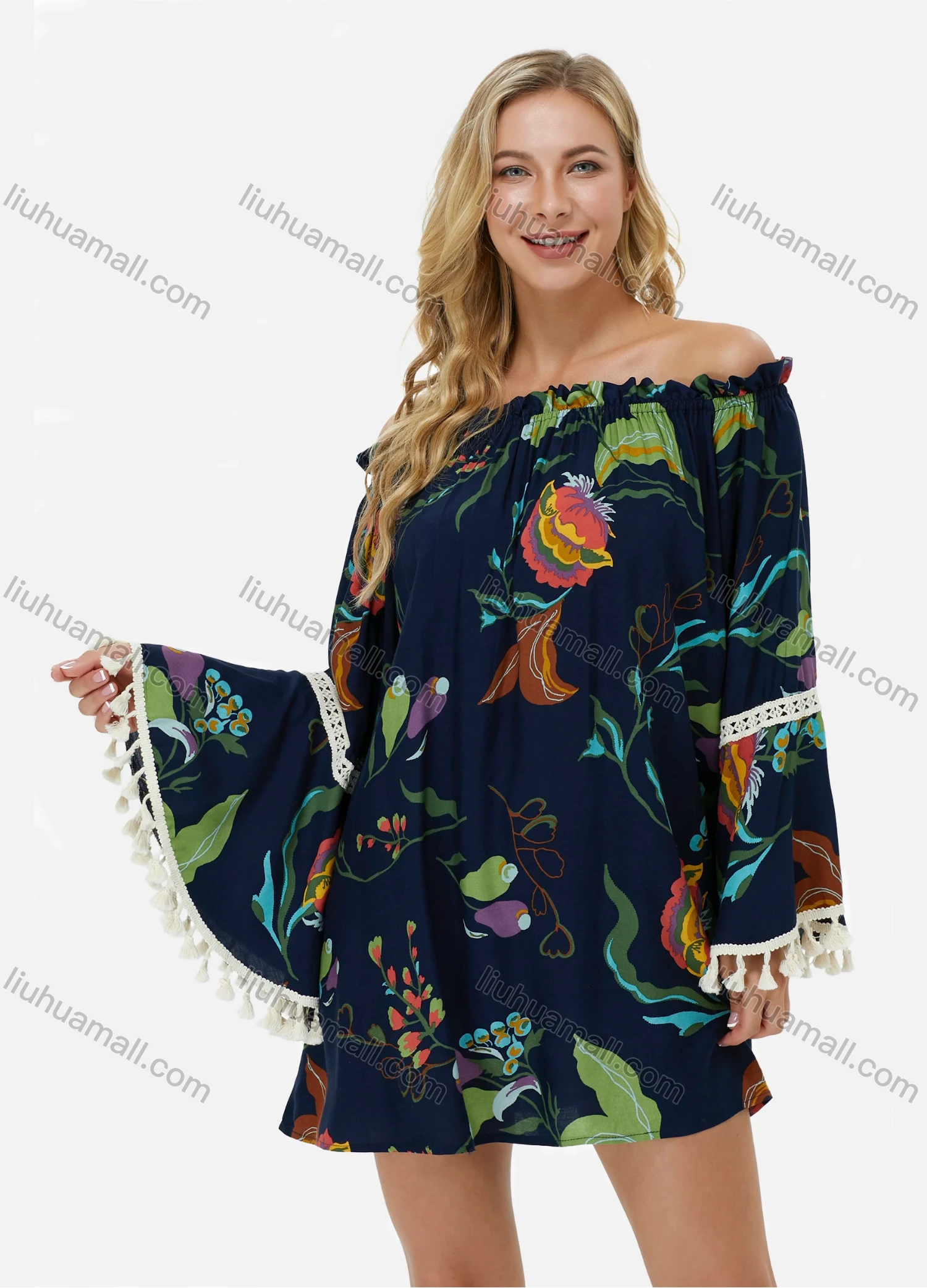 Wholesale Women's Elegant Off Shoulder Tassel Flare Sleeve Plants Print Boho Mini Dress - Liuhuamall