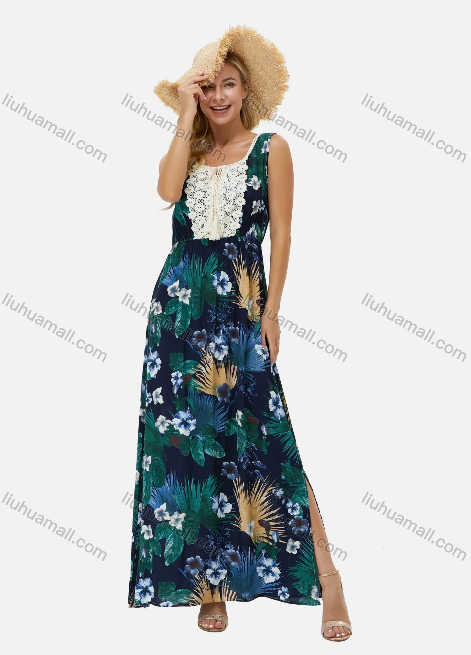 Wholesale Women's Vintage Keyhole-Neck Sleeveless Guipure Lace Tassel Bow Floral Print Side Slit Boho Maxi Tank Dress K556# - Liuhuamall