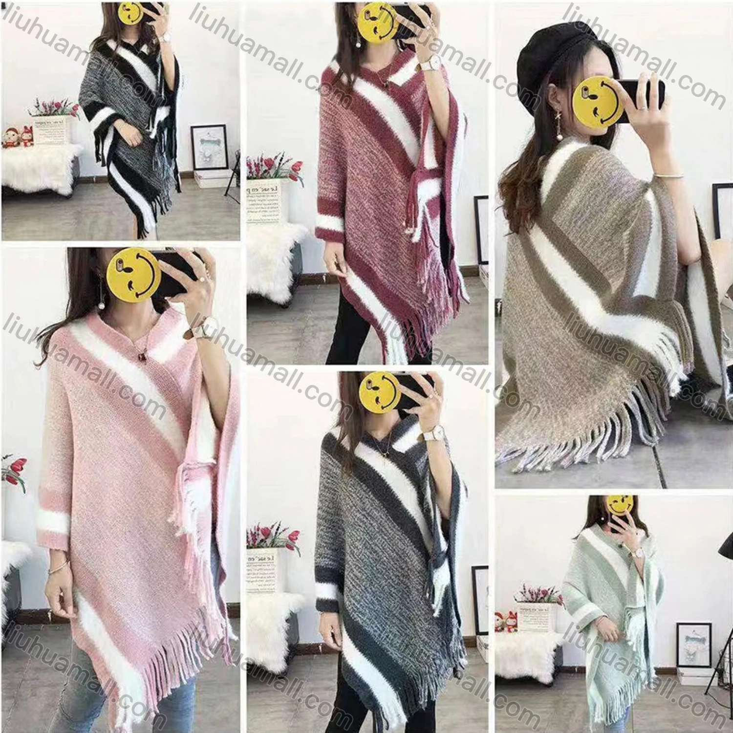 Wholesale Women's Casual Striped Scarf Hem Knit Cape D1829# - Liuhuamall