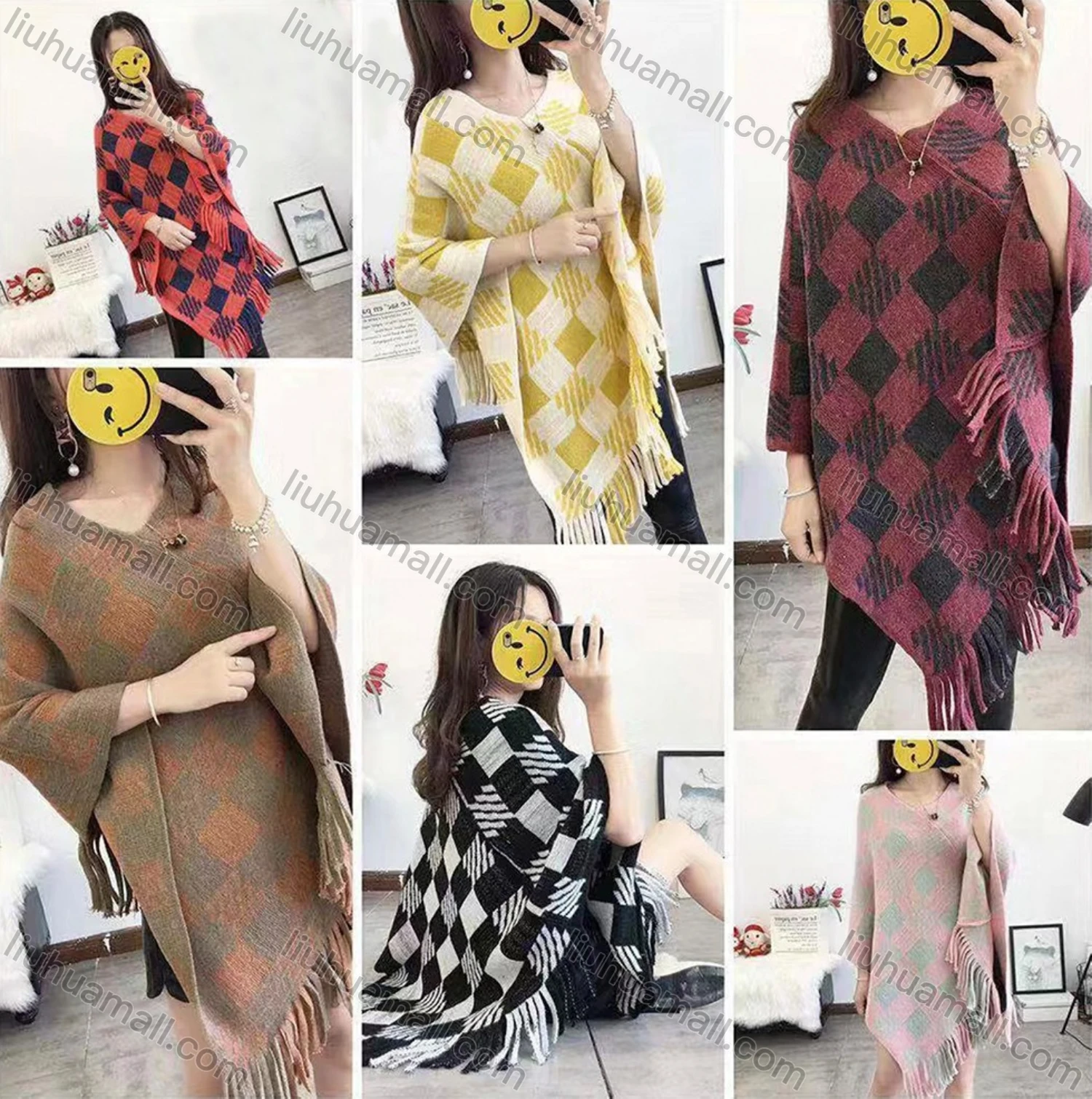 Wholesale Women's Casual V Neck Checkerboard Print Scarf Hem Knit Cape 1830# - Liuhuamall