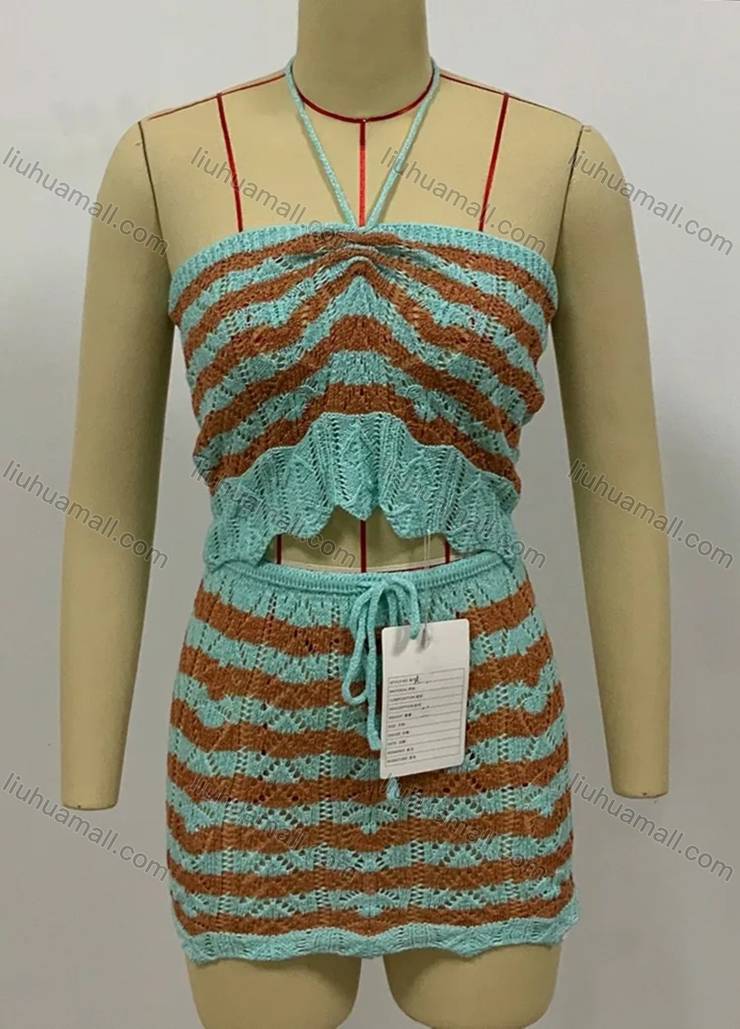 Wholesale Women's 2 Piece Striped Colorblock Knitted Wave Hem Lace Up Halter Cover Up Cami Top With Skirt  - Liuhuamall