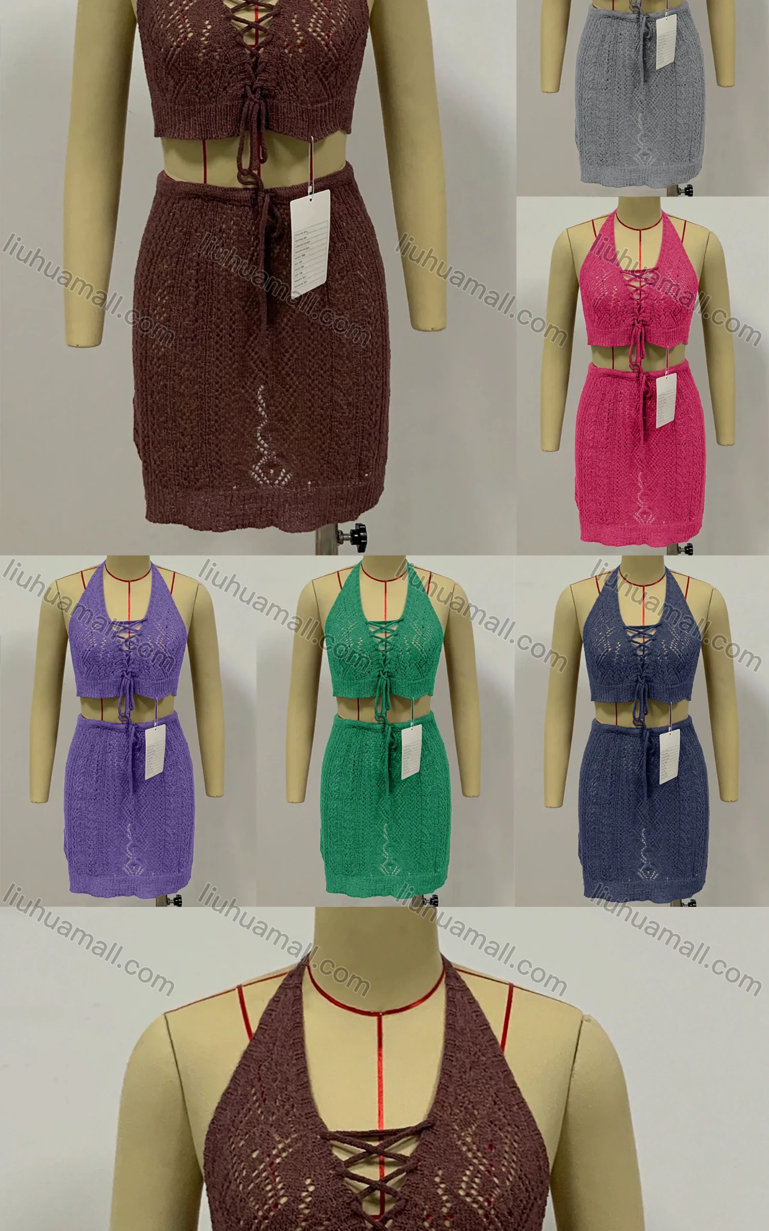 Wholesale Women's Casual Two Piece Halter Knitted Drawstring Plain Cover Up Top With Skirt - Liuhuamall