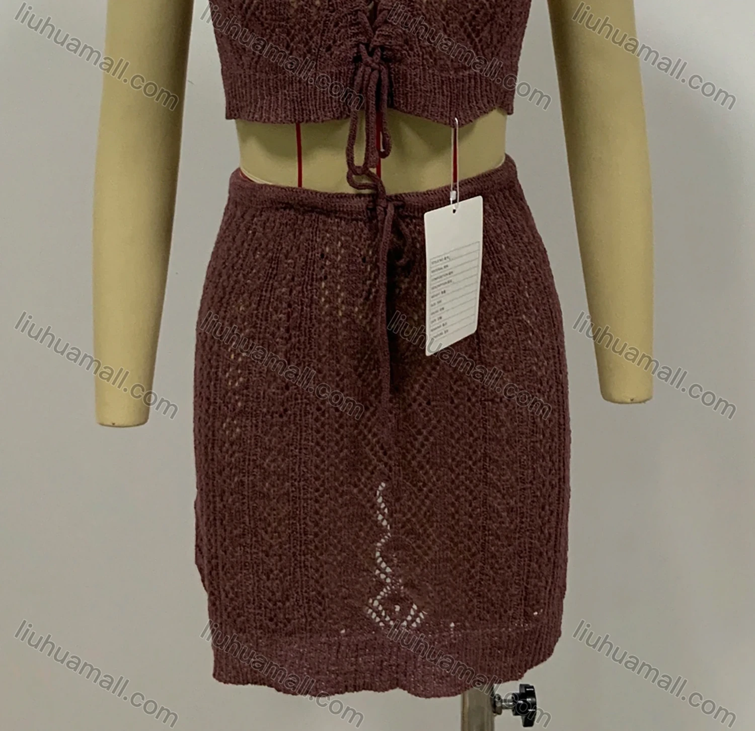 Wholesale Women's Casual Two Piece Halter Knitted Drawstring Plain Cover Up Top With Skirt - Liuhuamall