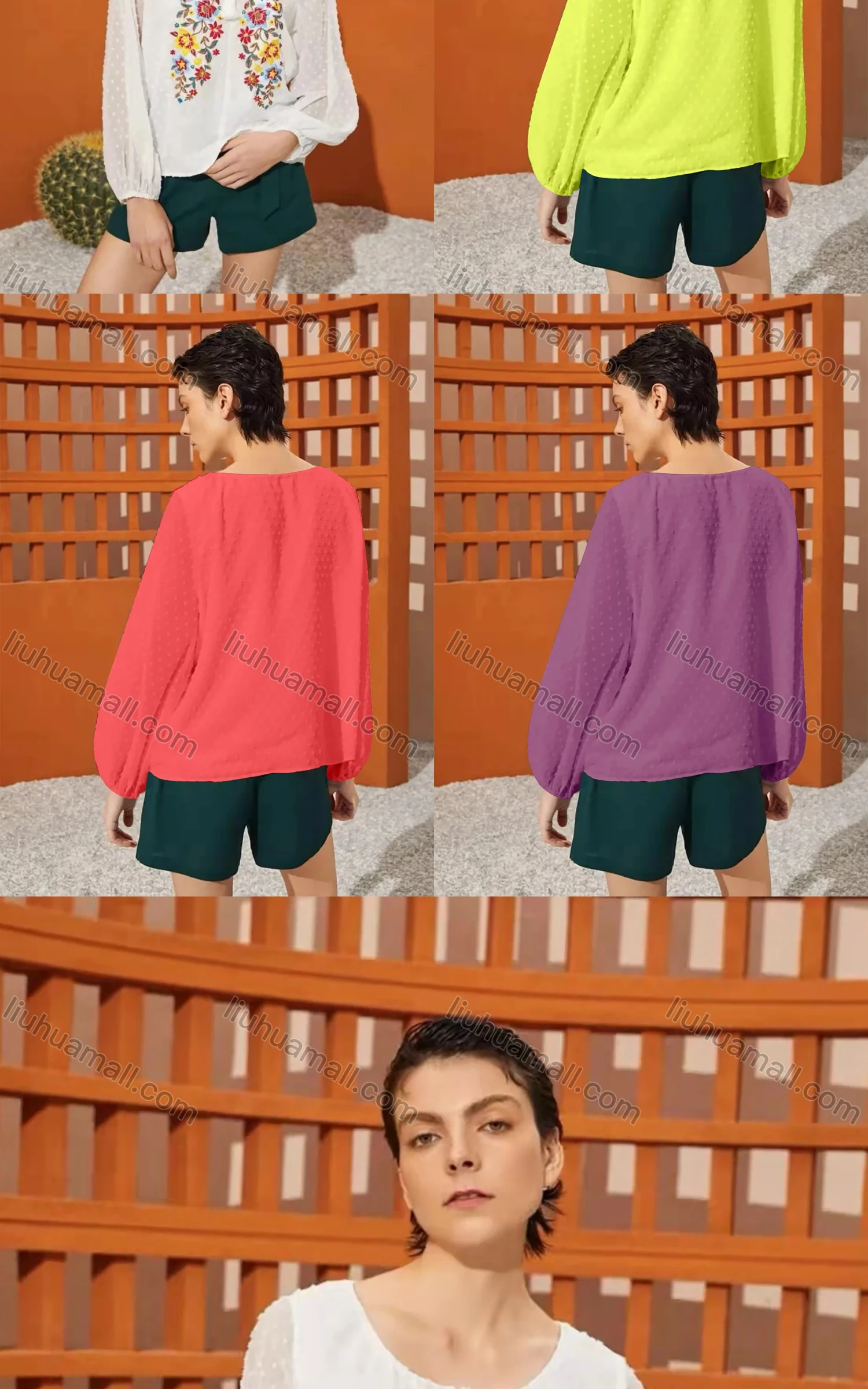 Wholesale Women's Keyhole-Neck Lantern Sleeve Swiss Dot Tassel Bow Floral Blouse - Liuhuamall