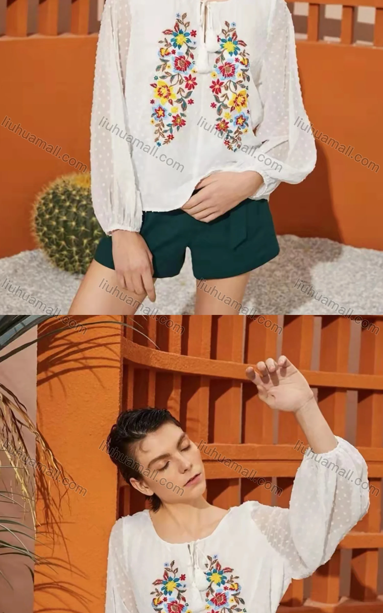 Wholesale Women's Keyhole-Neck Lantern Sleeve Swiss Dot Tassel Bow Floral Blouse - Liuhuamall