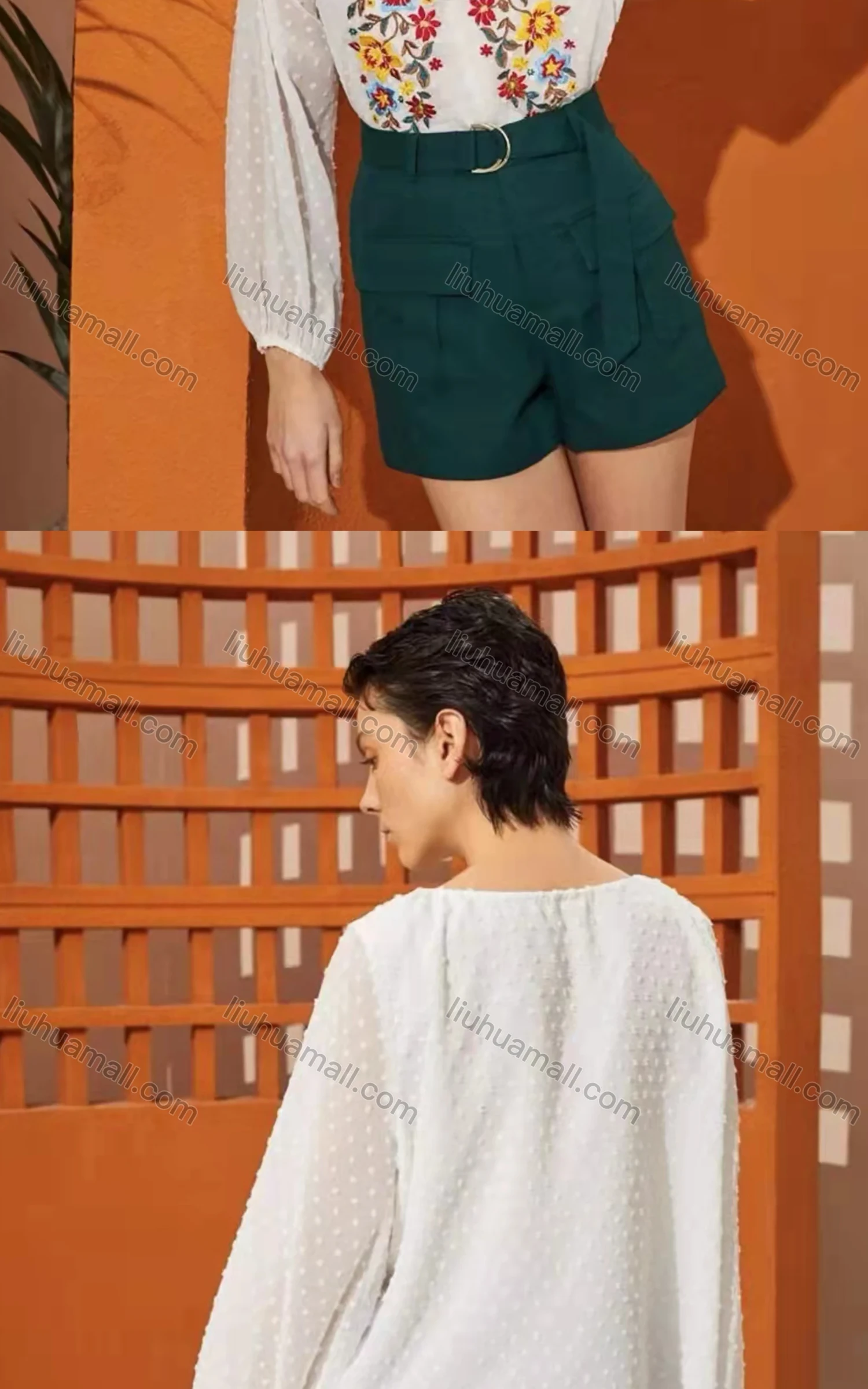 Wholesale Women's Keyhole-Neck Lantern Sleeve Swiss Dot Tassel Bow Floral Blouse - Liuhuamall