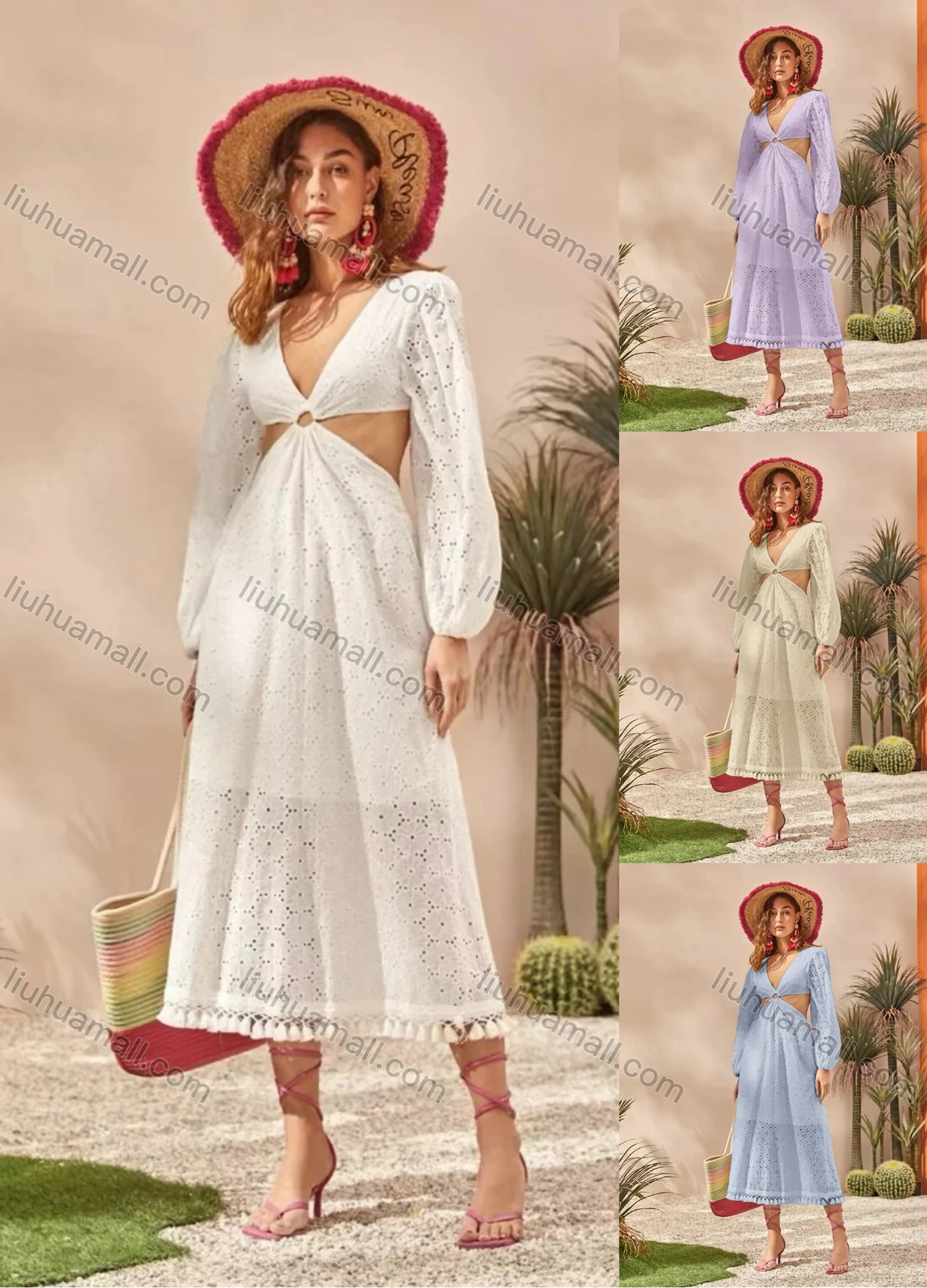 Wholesale Women's Sexy Deep V Neck Long Sleeve Backless Hollow Out Layered Tassel Hem Midi Dress A1309-3230# - Liuhuamall