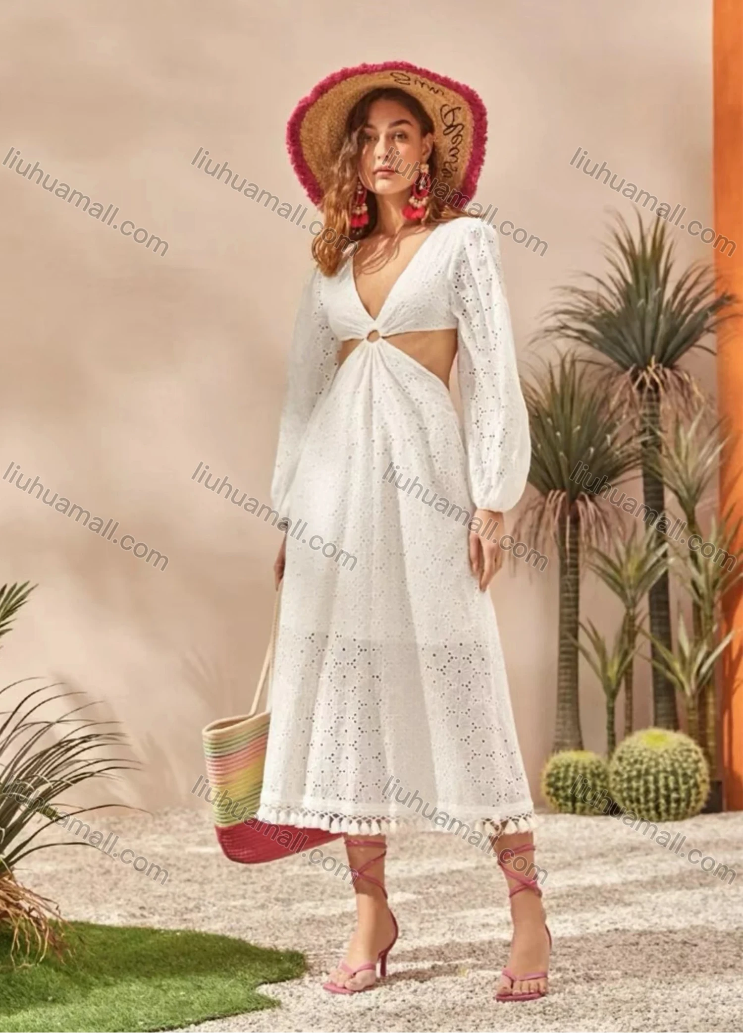 Wholesale Women's Sexy Deep V Neck Long Sleeve Backless Hollow Out Layered Tassel Hem Midi Dress A1309-3230# - Liuhuamall