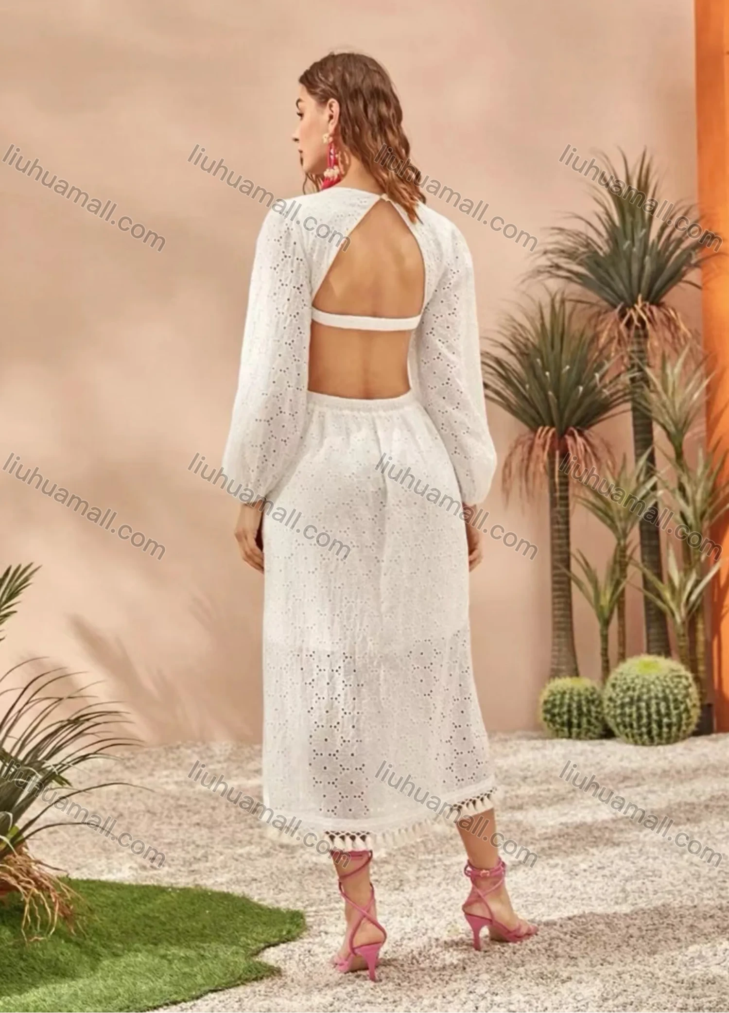 Wholesale Women's Sexy Deep V Neck Long Sleeve Backless Hollow Out Layered Tassel Hem Midi Dress A1309-3230# - Liuhuamall