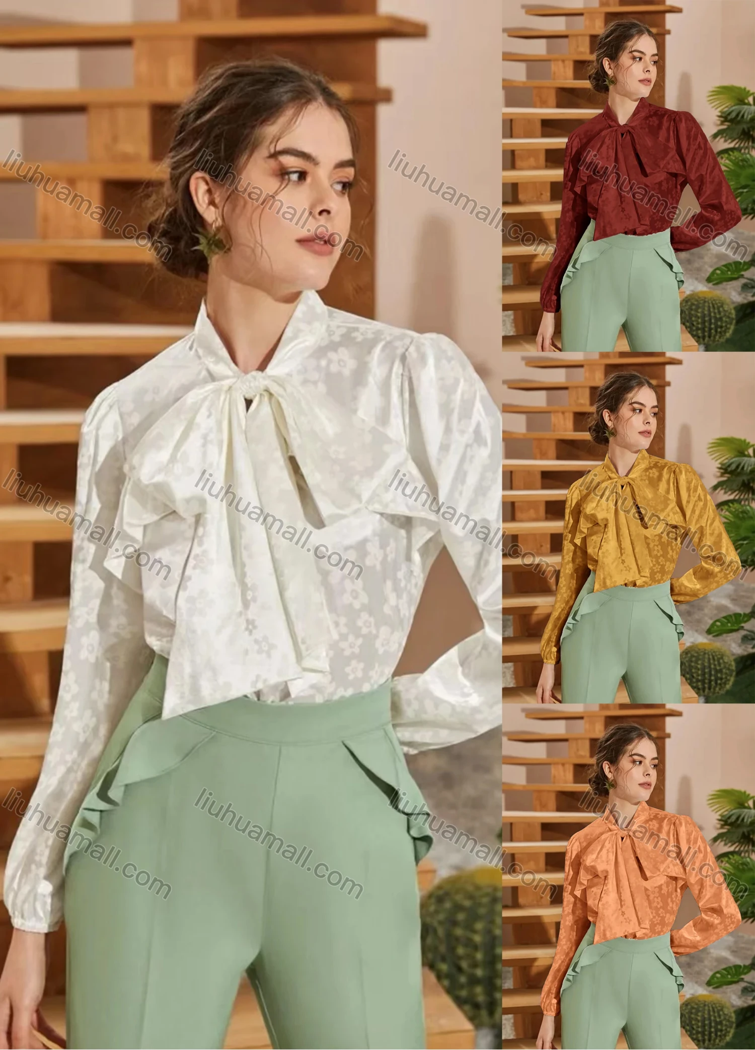 Wholesale Women's Bow Tie Neck Lantern Sleeve Floral Print Solid Elegant Blouse A1309-9114# - Liuhuamall