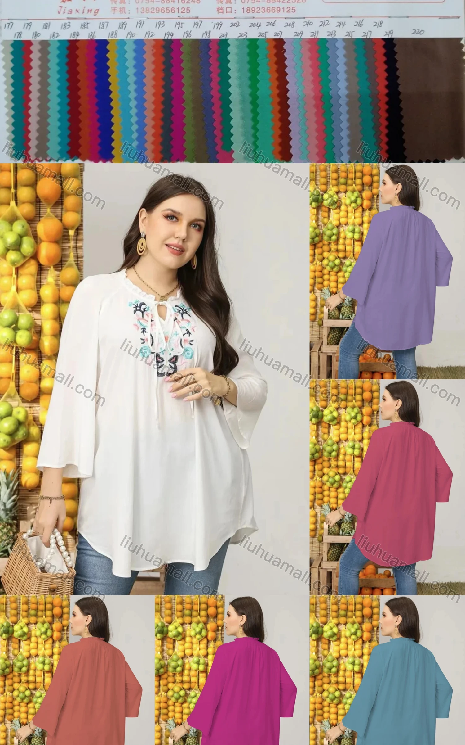 Wholesale Women's Keyhole Neck Lace Up Embroidered Floral Ruffle Detail Curved Hem Tunic - Liuhuamall