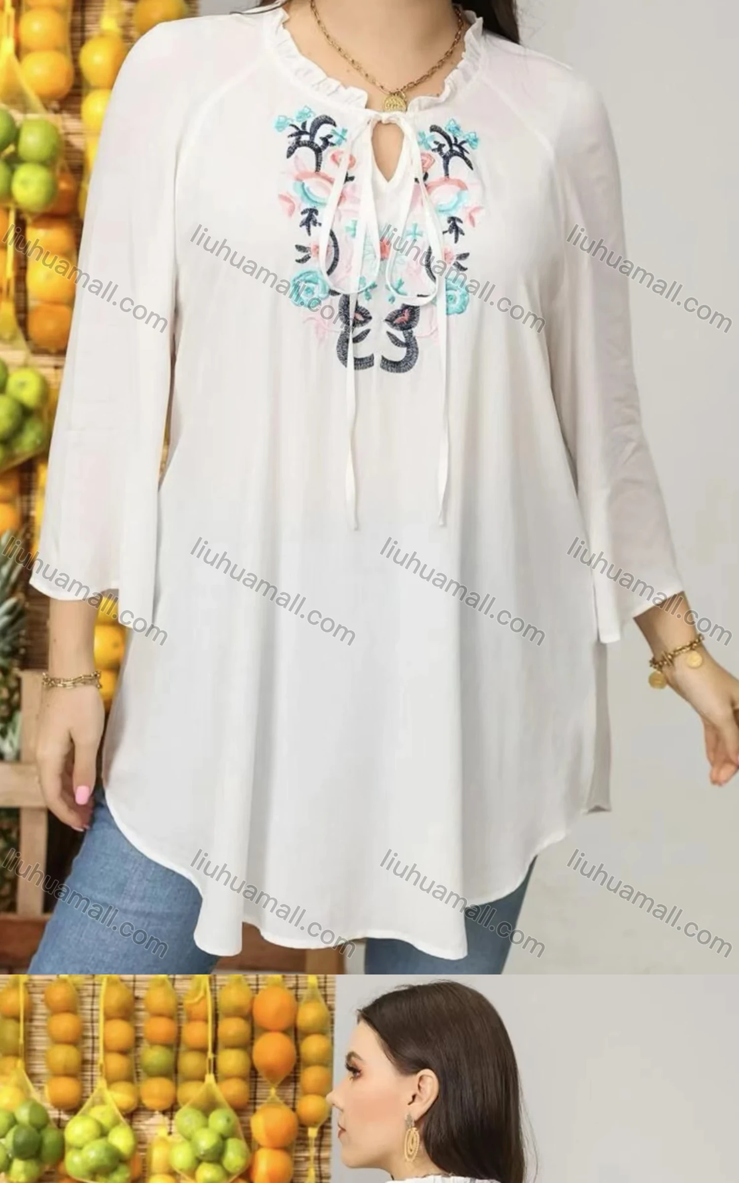 Wholesale Women's Keyhole Neck Lace Up Embroidered Floral Ruffle Detail Curved Hem Tunic - Liuhuamall