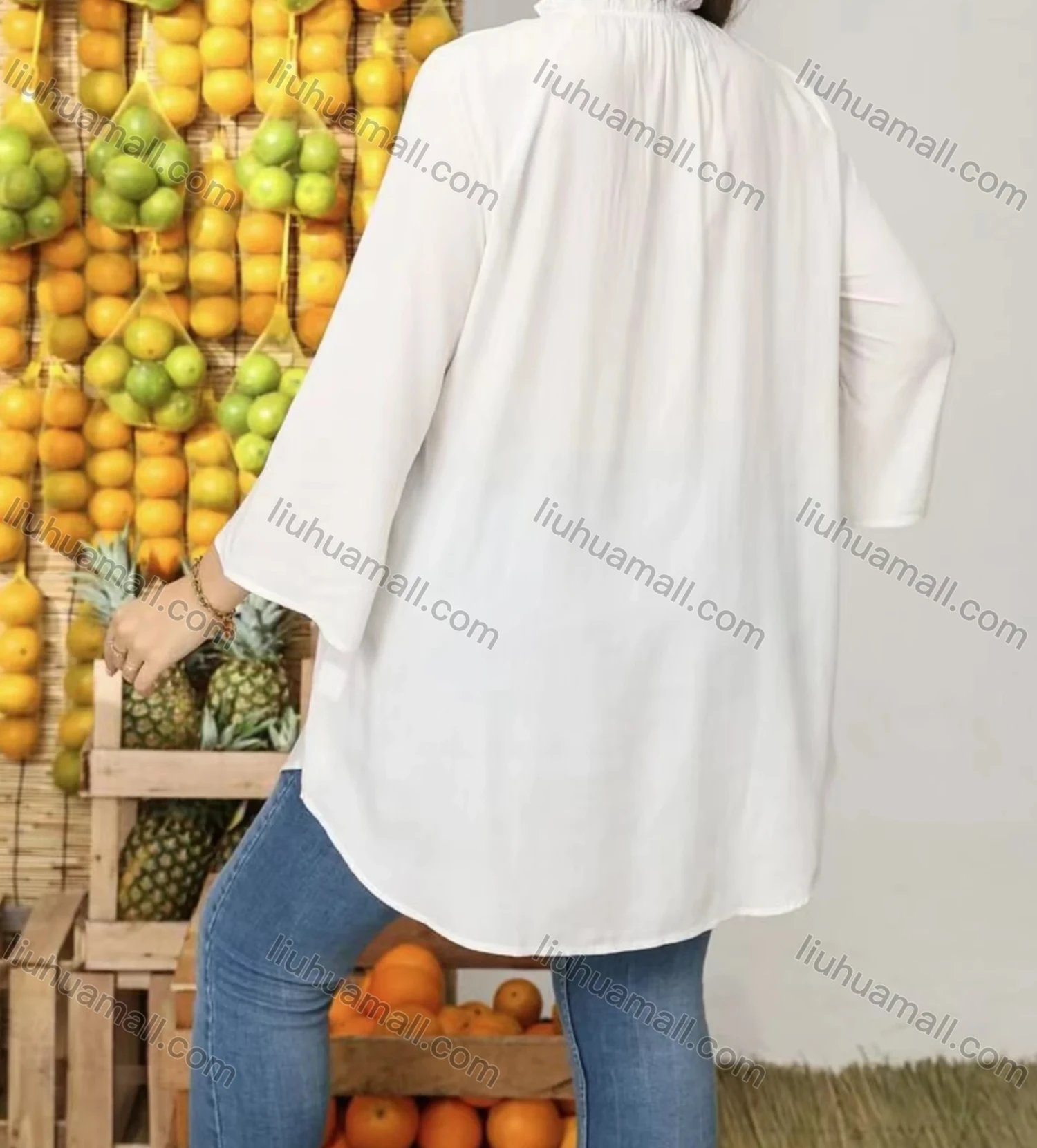 Wholesale Women's Keyhole Neck Lace Up Embroidered Floral Ruffle Detail Curved Hem Tunic - Liuhuamall