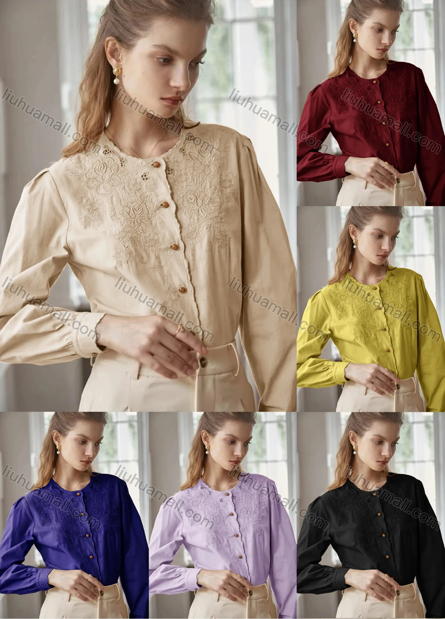 Wholesale Women's Round Neck Long Sleeve Wave Trim Embroidered Floral Buttons Blouse - Liuhuamall
