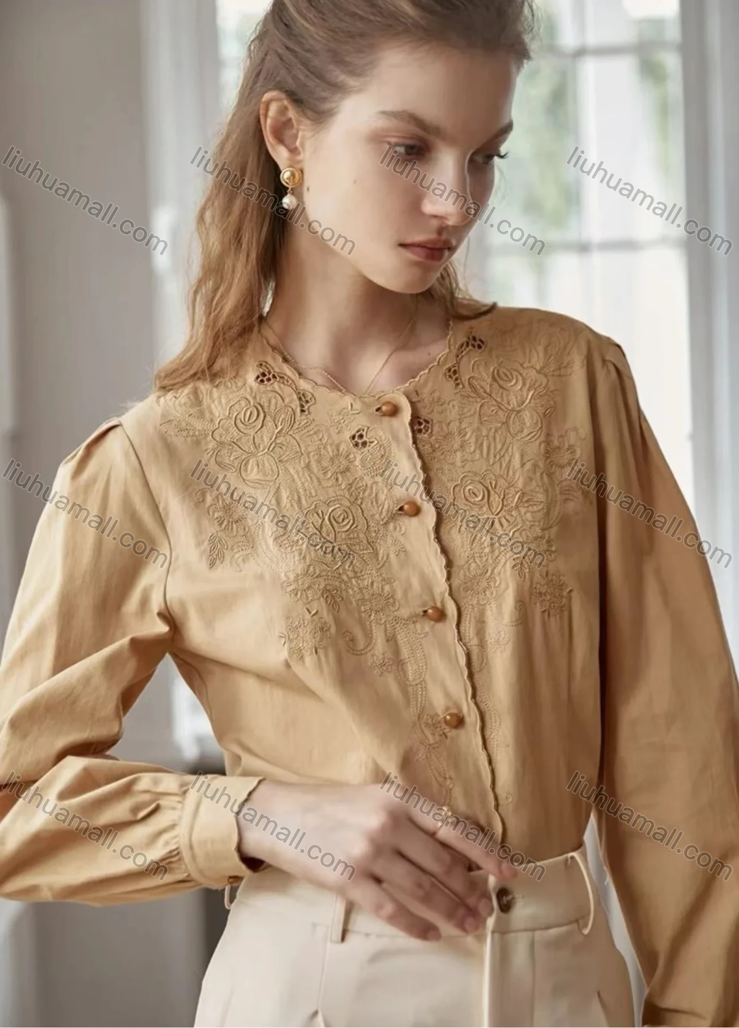 Wholesale Women's Round Neck Long Sleeve Wave Trim Embroidered Floral Buttons Blouse - Liuhuamall