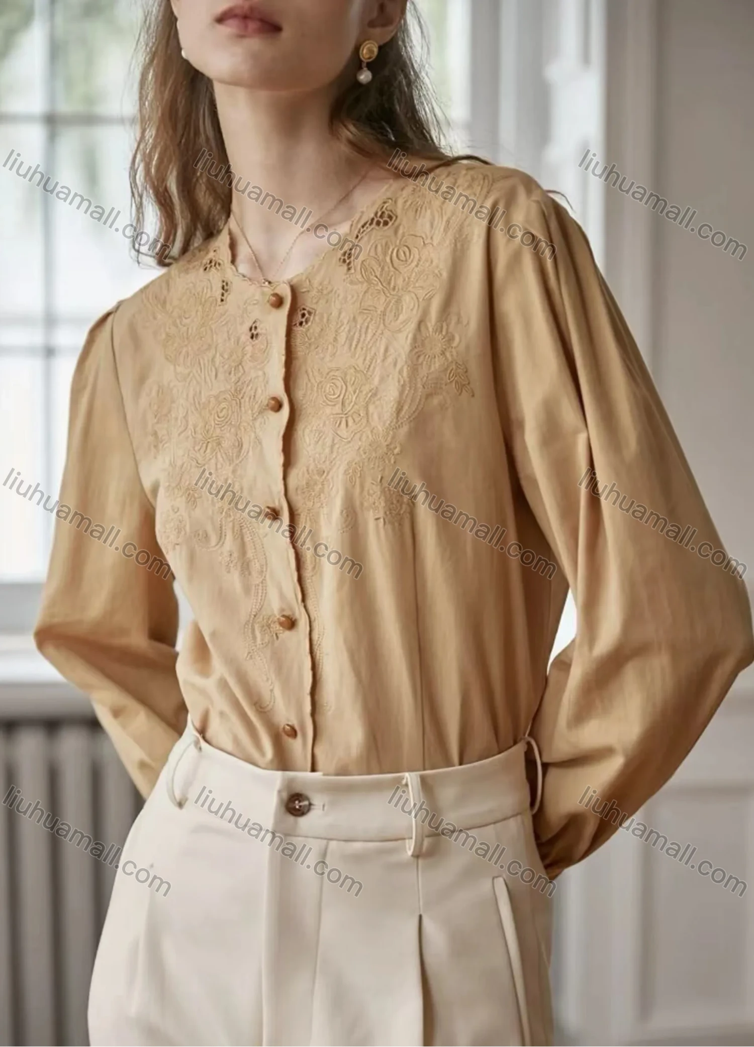 Wholesale Women's Round Neck Long Sleeve Wave Trim Embroidered Floral Buttons Blouse - Liuhuamall