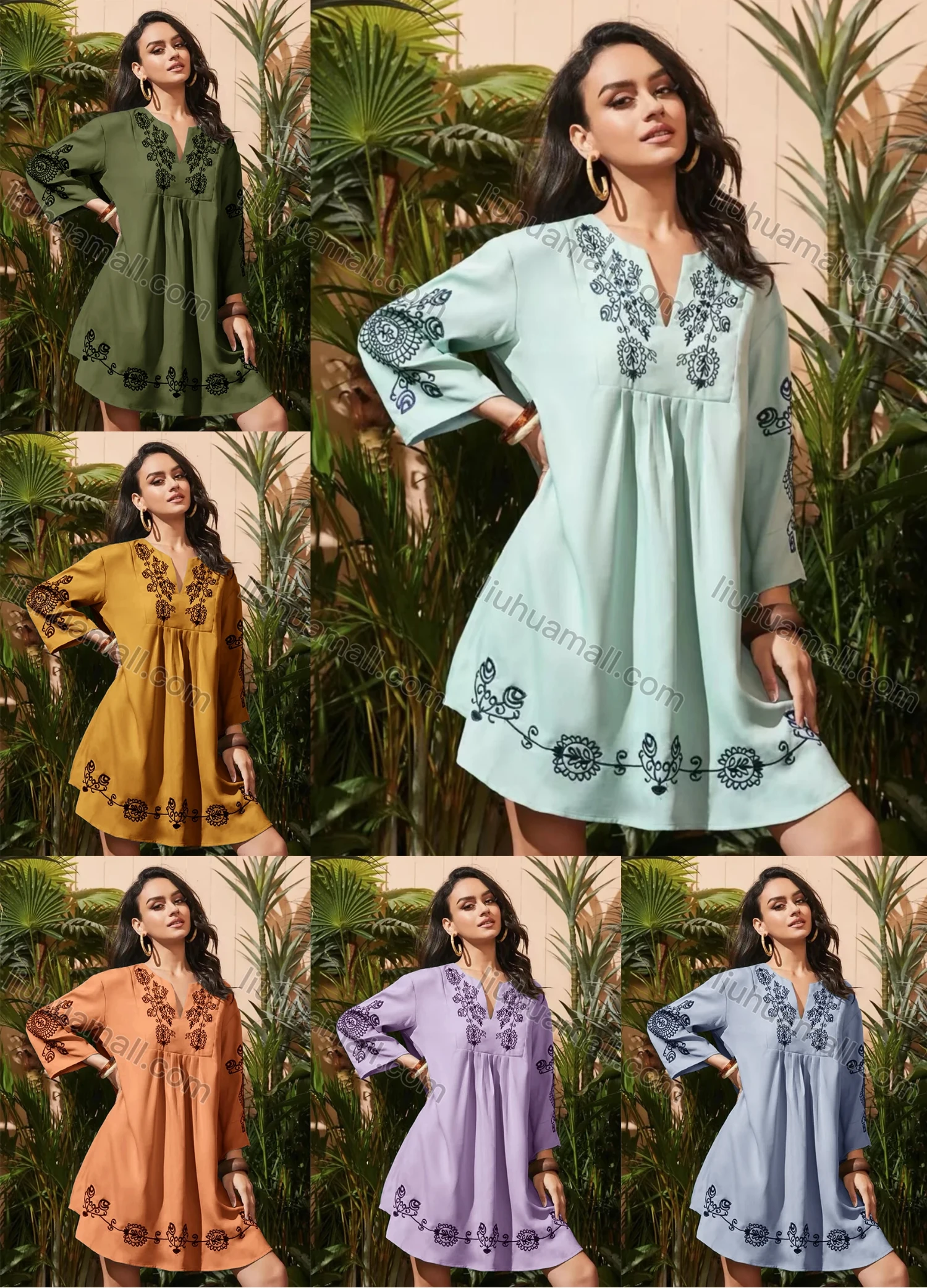 Wholesale Women's Notched Neck Long Sleeve Embroidered Floral Short Dress A1309-6691# - Liuhuamall