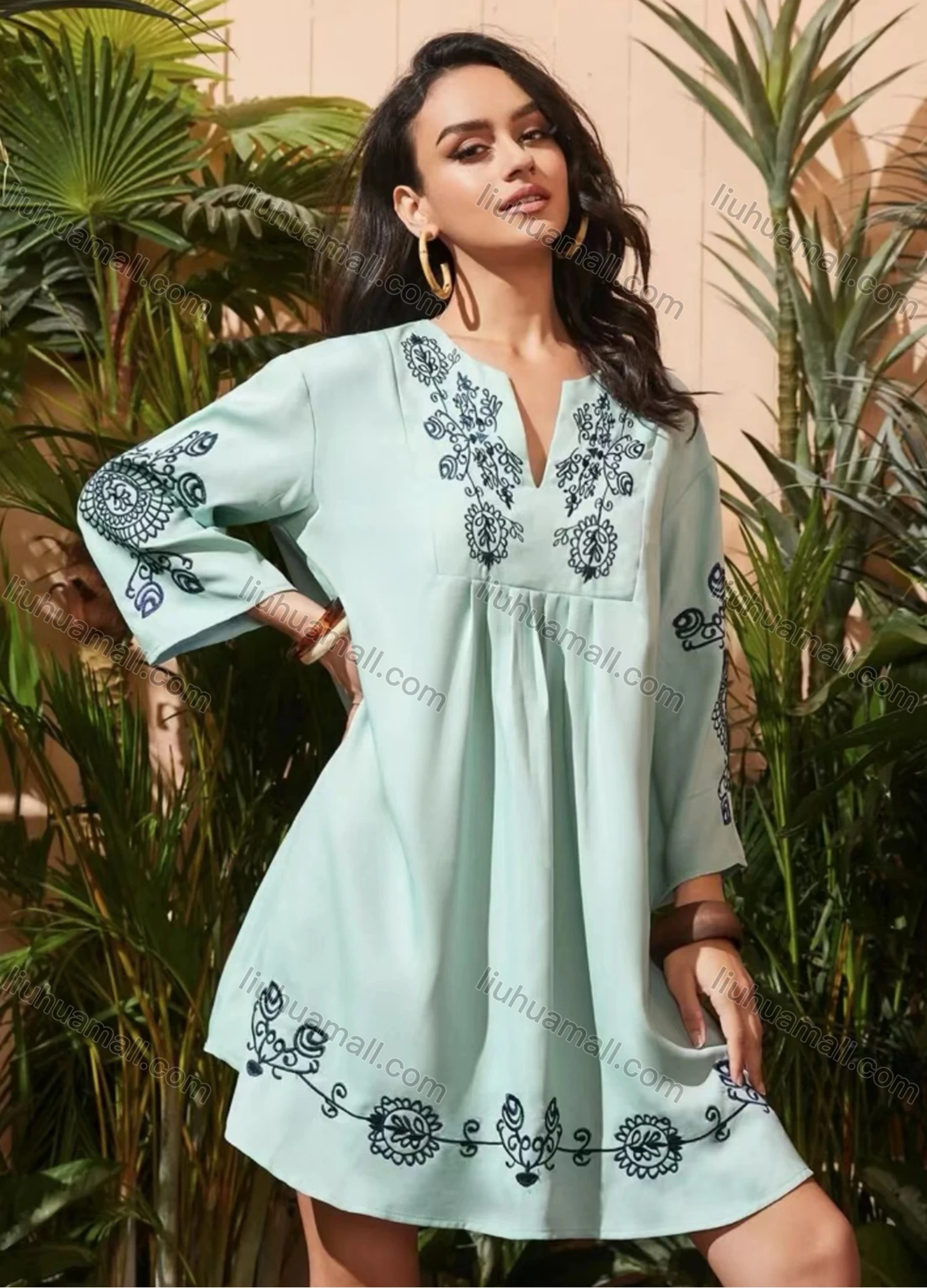 Wholesale Women's Notched Neck Long Sleeve Embroidered Floral Short Dress A1309-6691# - Liuhuamall