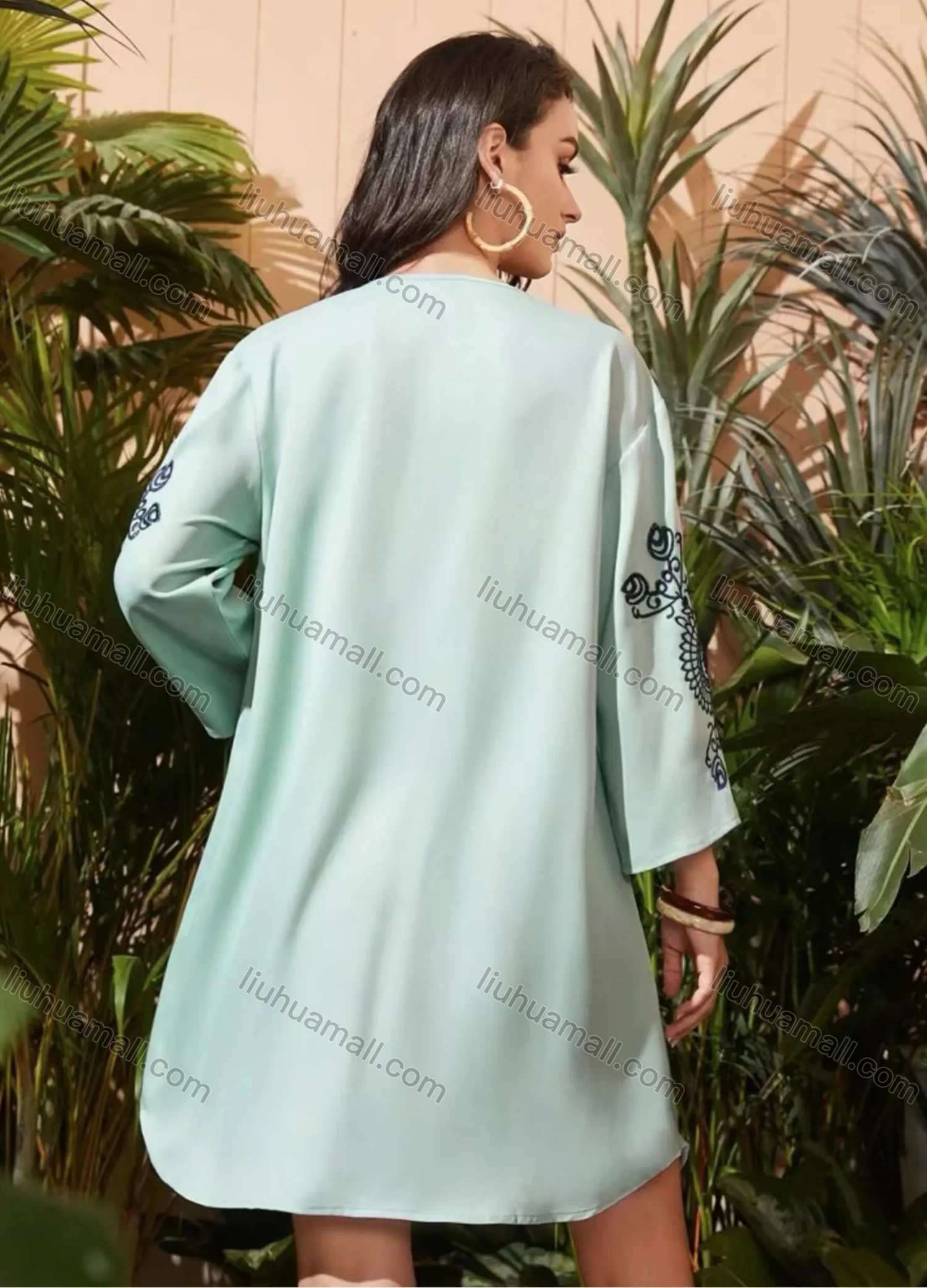 Wholesale Women's Notched Neck Long Sleeve Embroidered Floral Short Dress A1309-6691# - Liuhuamall