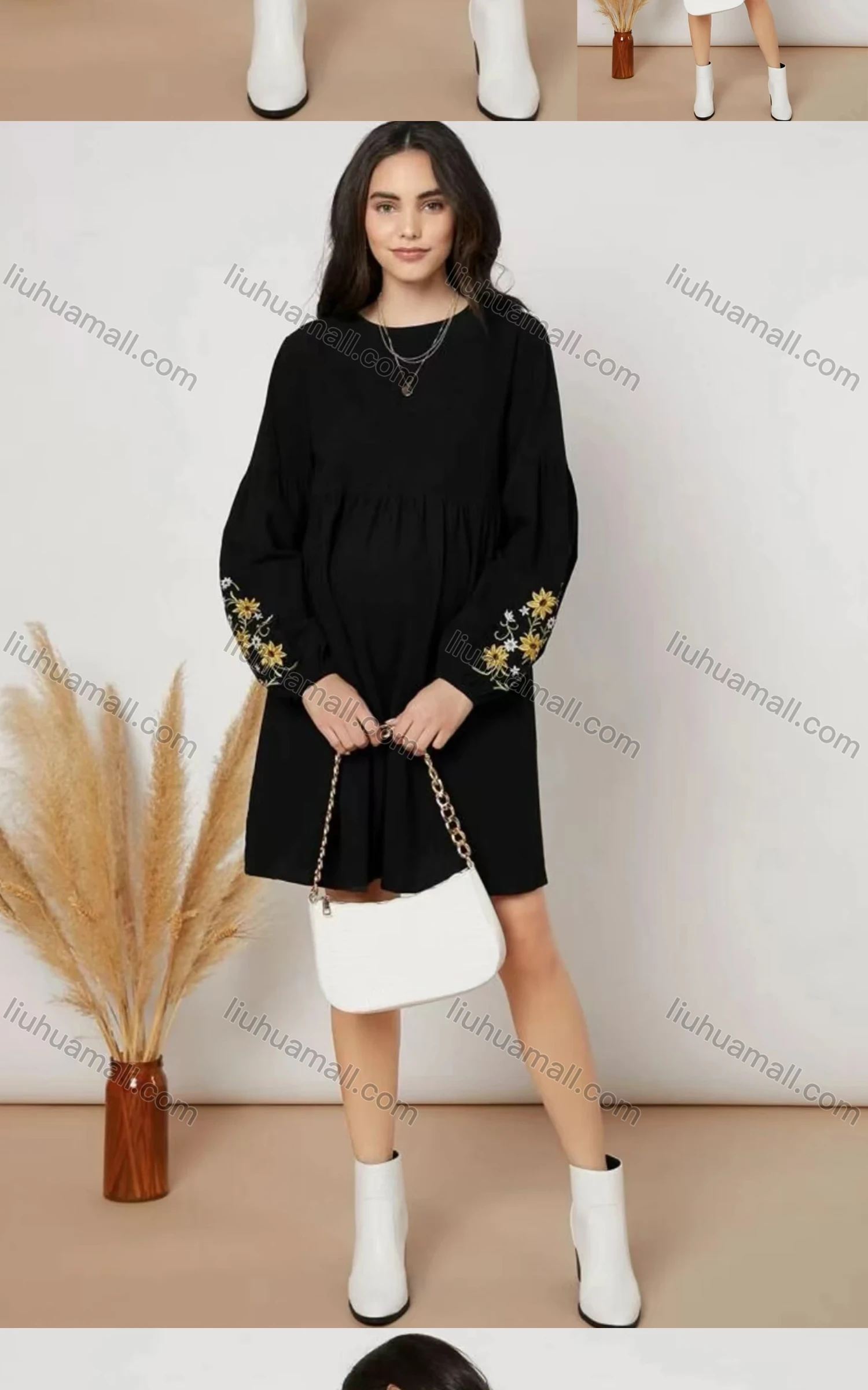 Wholesale Women's Round Neck Long Sleeve Embroidered Floral Keyhole Back Maternity Short Dress A1309-8097# - Liuhuamall